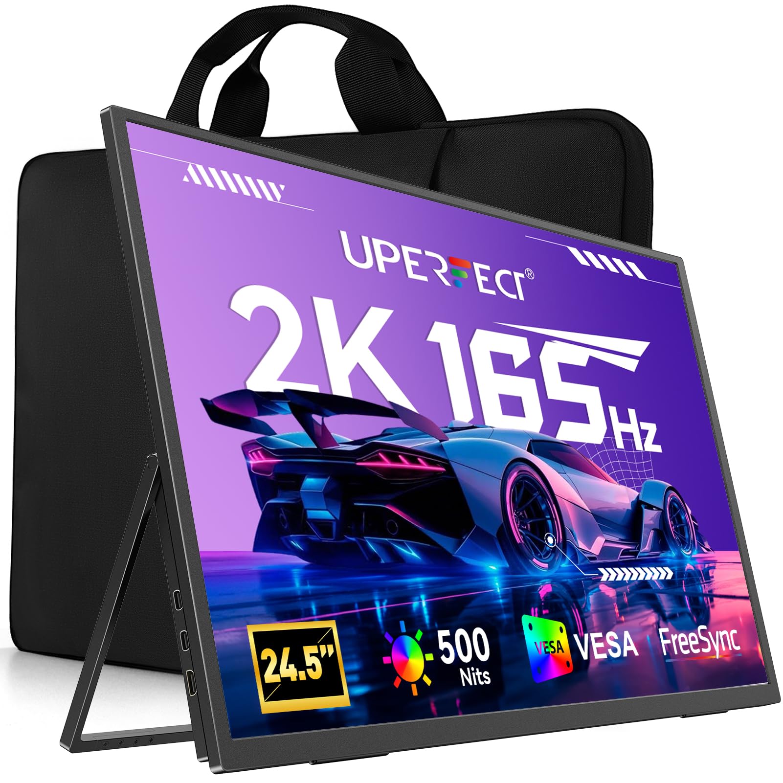 UPERFECT 24.5" 2K Portable Monitor, 165Hz Gaming Monitor, 1ms FreeSync HDR IPS Large Mobile Screen, Built-in 180° Adjustable Stand/VESA, USB-C HDMI Second Screen for Laptop, Phone, Game Console