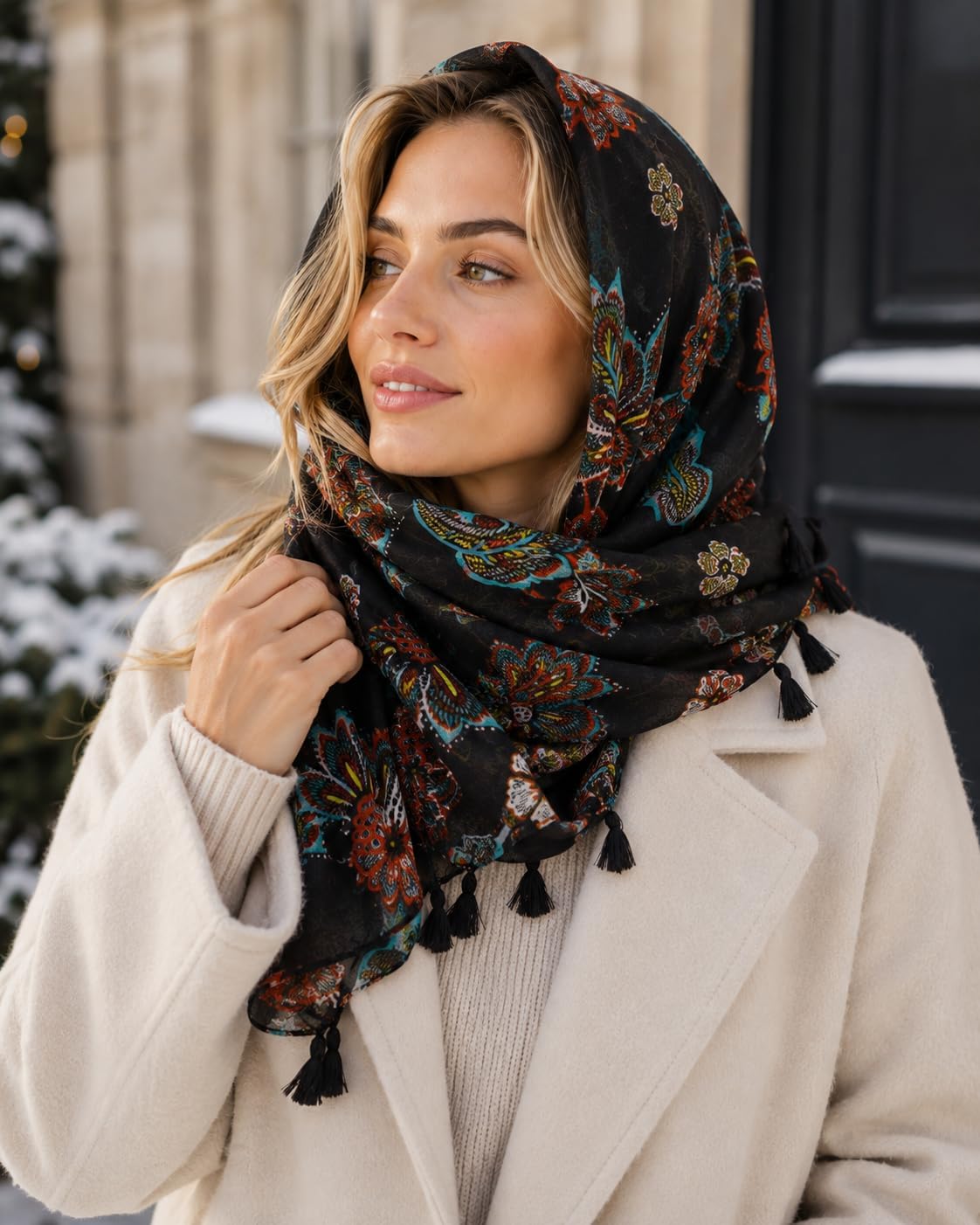 YOUR SMILE Large Boho Scarf for Women Lightweight Floral Printed Scarves Fall Winter Fashion Fringed Shawl wraps image 3