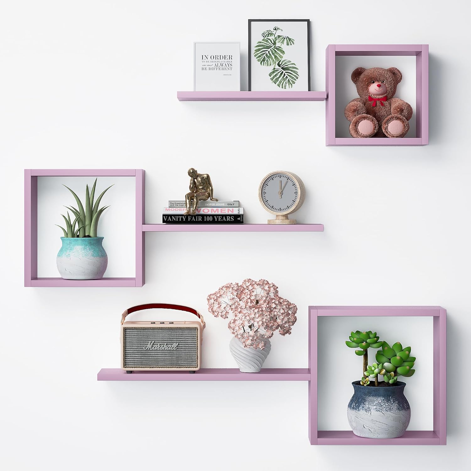 square floating shelves wall mouted, pine wood honeycomb shelves set of 6, geometric floating shelves for wall decor, pink cube box shelves for bedroom, living room, office pink floating cube shelves