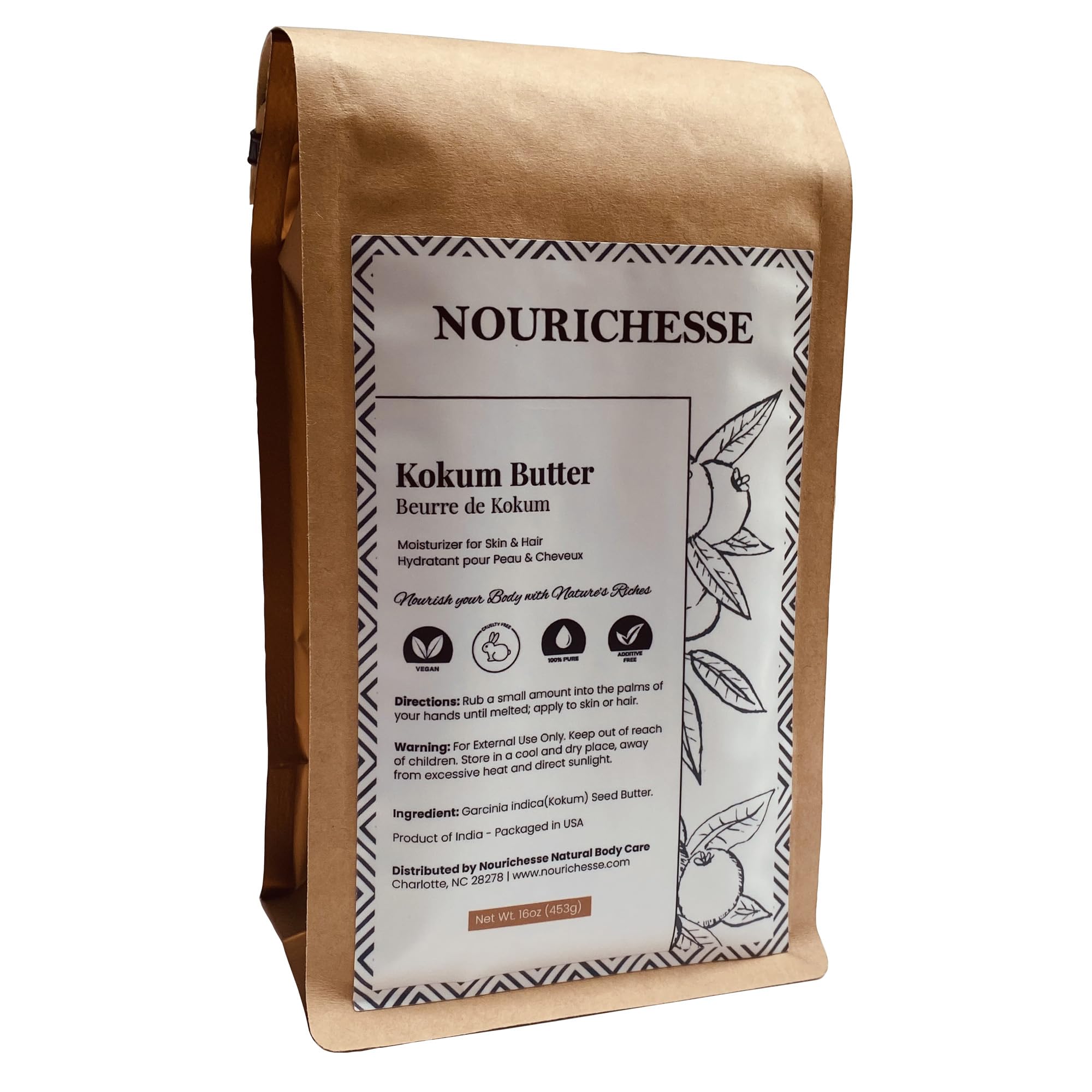 Nourichesse Kokum Butter - 1 LB (16oz) Block. Pure Butter, Great Moisturizer for Skin and Hair. Use in DIY Soap, Balm, and Cream.