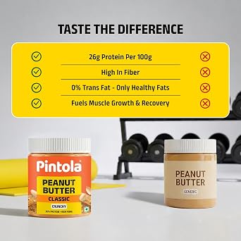 Pintola Classic Peanut Butter Crunchy 350g - Original American Recipe with High Protein 26g & 7.2g Fiber, Premium Roasted Nuts, Gluten Free, Zero Trans Fat, with MUFA Good Fats, Vit E & B3, Dairy Free