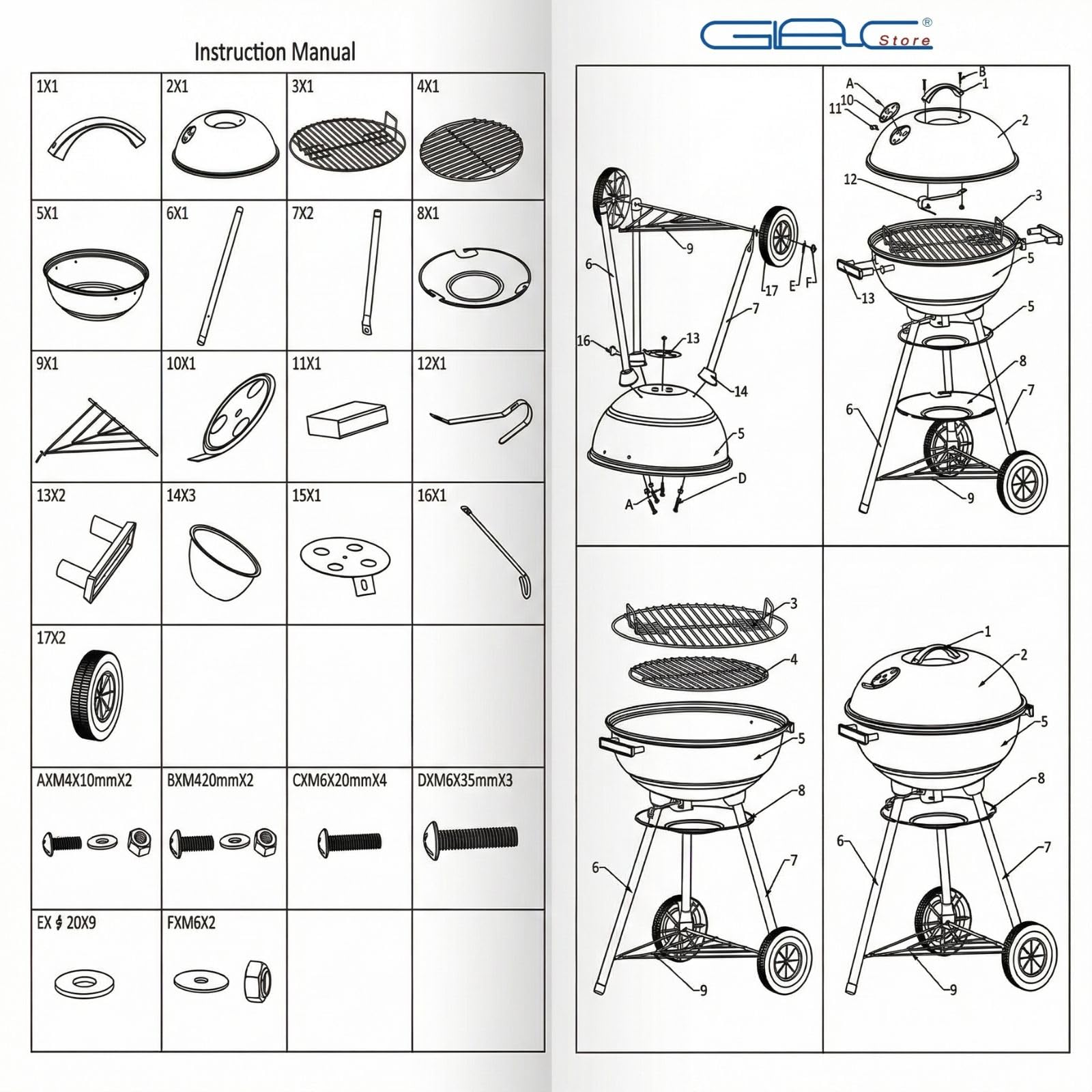 Barbecue a Sfera con Coperchio, Grill a Carbonella da Esterno, Ø 44 cm, 70 cm Altezza, con Ruote e Raccoglicenere, Nero