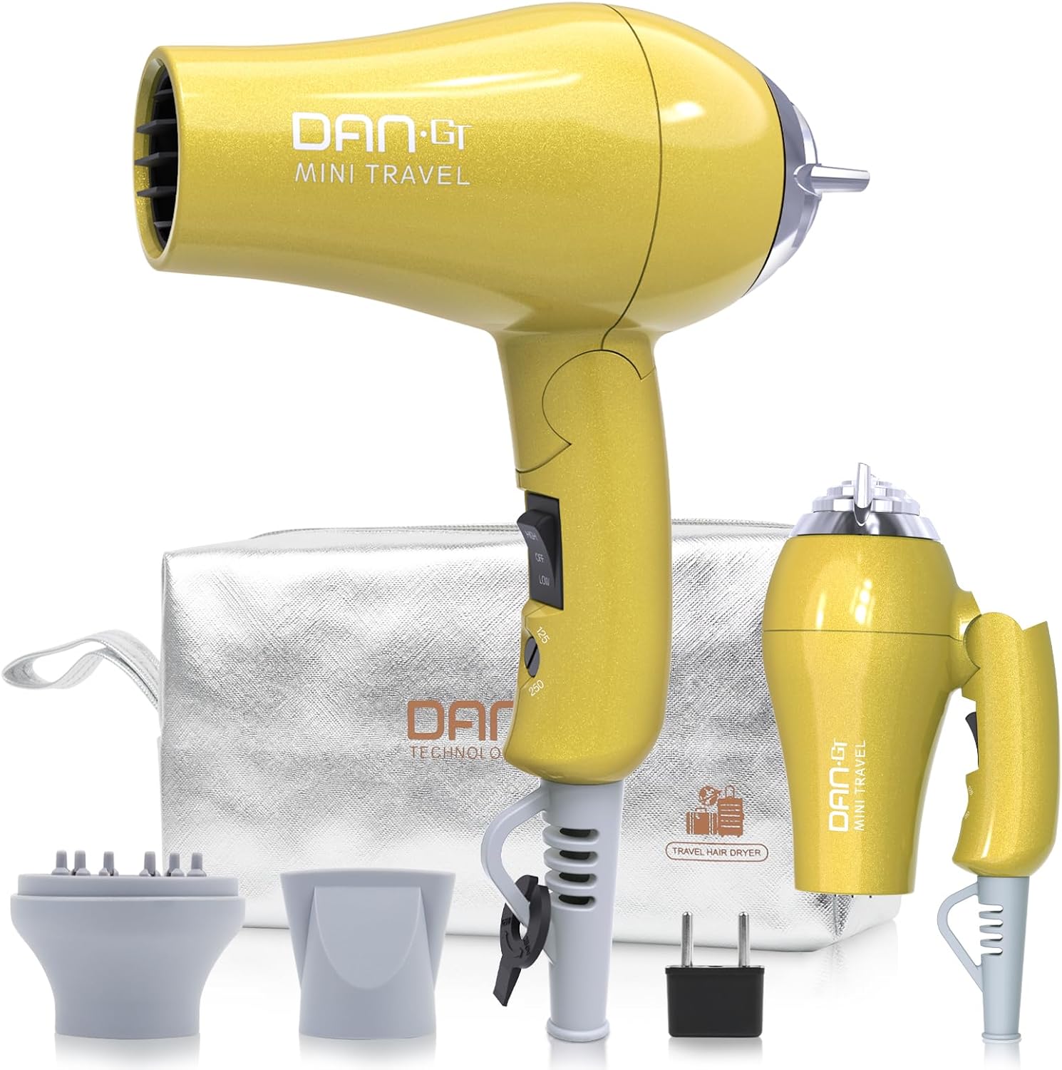 Mini Portable Hair Dryer 1200W, Travel-Friendly, Dual Voltage 125/250V, 2 Speed Settings, Foldable, Lightweight, Two Concentrator & Diffuser Nozzles, Removable Filter