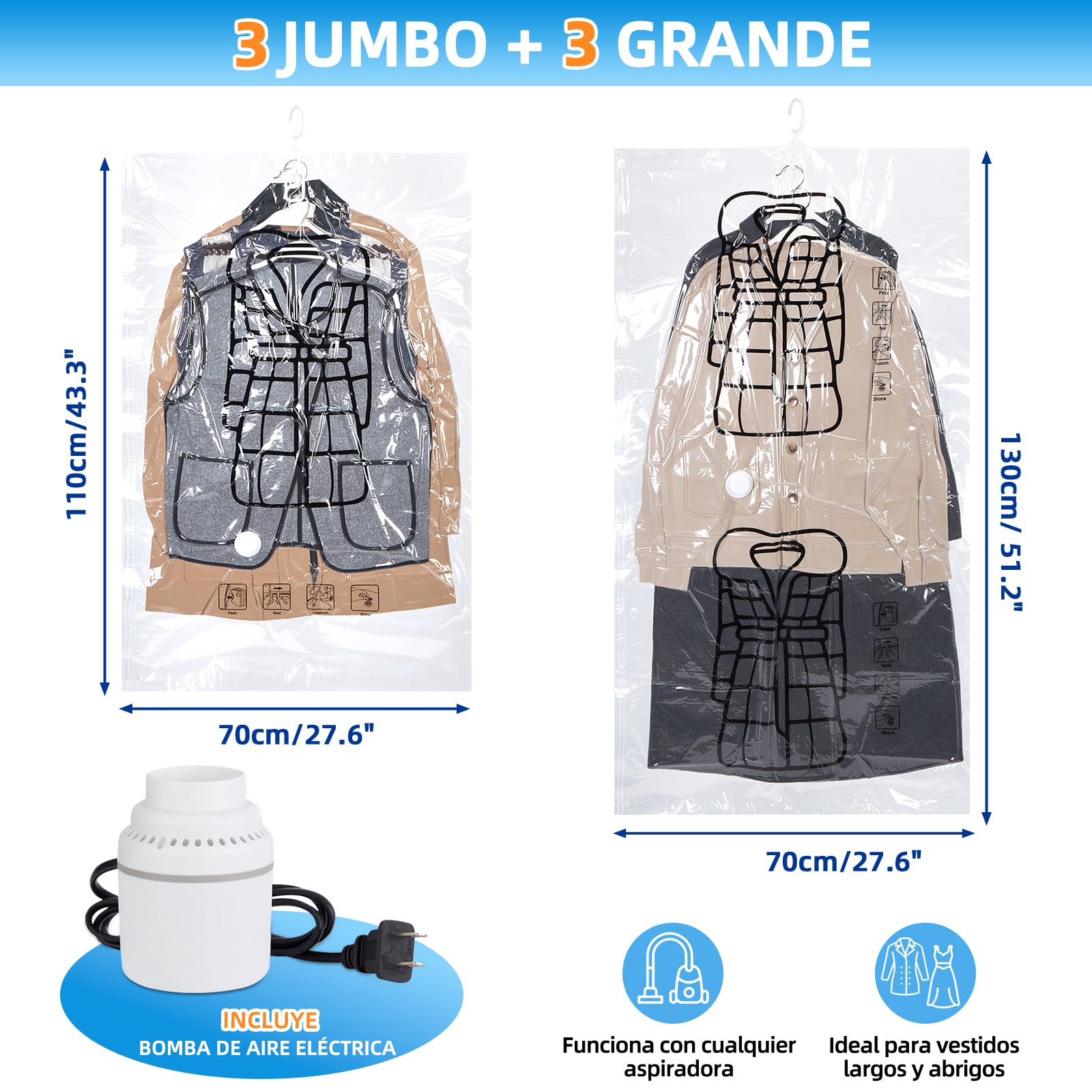 AGPTEK 6 Bolsas Vacío Colgantes para Trajes y Abrigos con Bomba Eléctrica, Ahorra 80% Espacio, Material PA+PE 8 Mil Reutilizable para Viaje y Almacenamiento Ropa