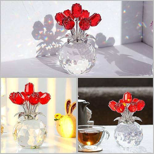 Miniatura 4 de Figuras de rosas rojas de cristal, regalos para mujeres, ramo de cristal para el día de la madre, cumpleaños, Navidad, rubí, flores coleccionables,