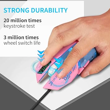 IULONEE Gaming Mouse, Wired USB Computer Mouse Silent Comfortable 7 Colors Backlit Optical Game Mice Ergonomic Full Size with 3200 DPI and 6 Buttons for PC Laptop Desktop (Pink & Blue)