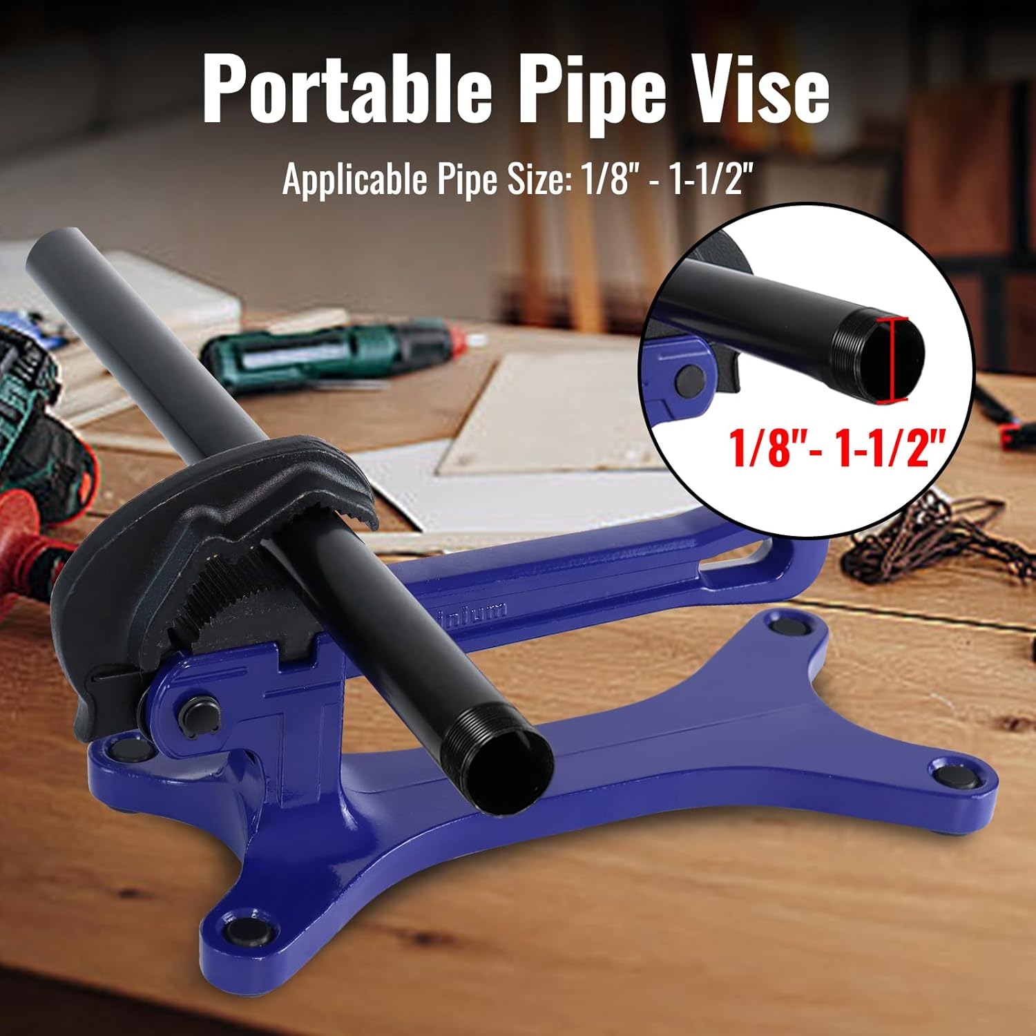 YHK Portable Pipe Vise, Aluminum Lightweight Portable Pipe Vise for 1/8" to 1-1/2" Pipes, Non Slip Clamp Jaw with Serrated, Ideal for Plumbing Operations (Blue)