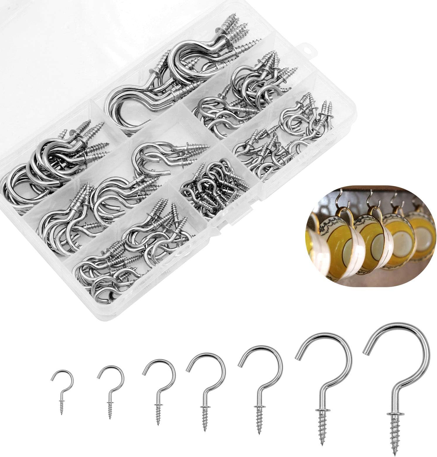 Hushtong 120 Pcs Screw Hooks, Cup Hooks Nickel Plated Hooks Metal Screw