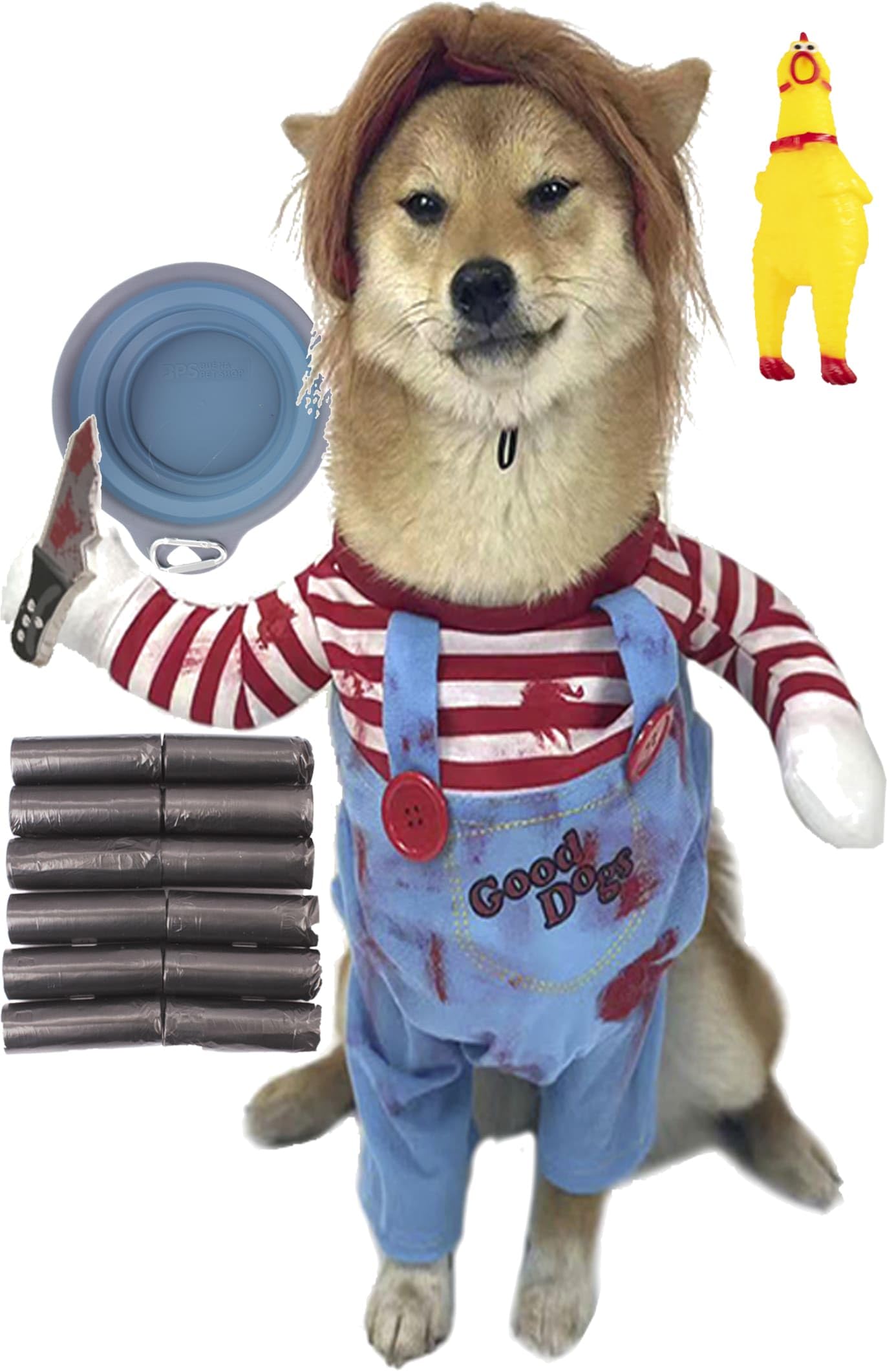 Gojoy Shop-Disfraces para Mascotas,Disfraces para Gatos,Disfraces para Perros,Halloween Carnaval(Contiene:Difraces,Bowl Plegable,Pollo Sonido,Bolsa Basura y Mochila de Cuerda.) (L=＜15KGS, Diabolico)