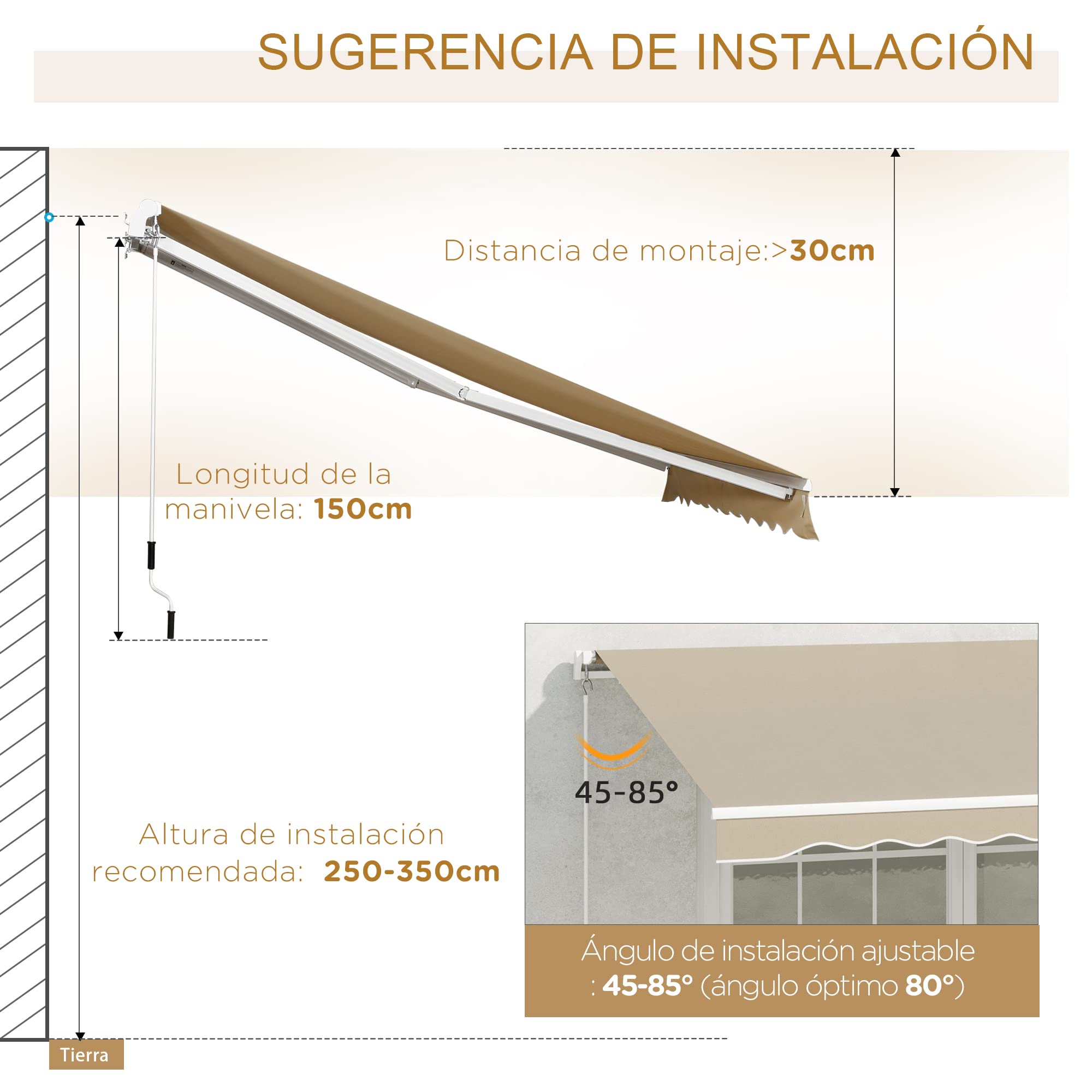 Outsunny Tenda da Sole 4x2.5 m con Braccio Avvolgibile, Tenda Parasole Esterno Alluminio Poliestere 280g/㎡, Protezione UV, Beige
