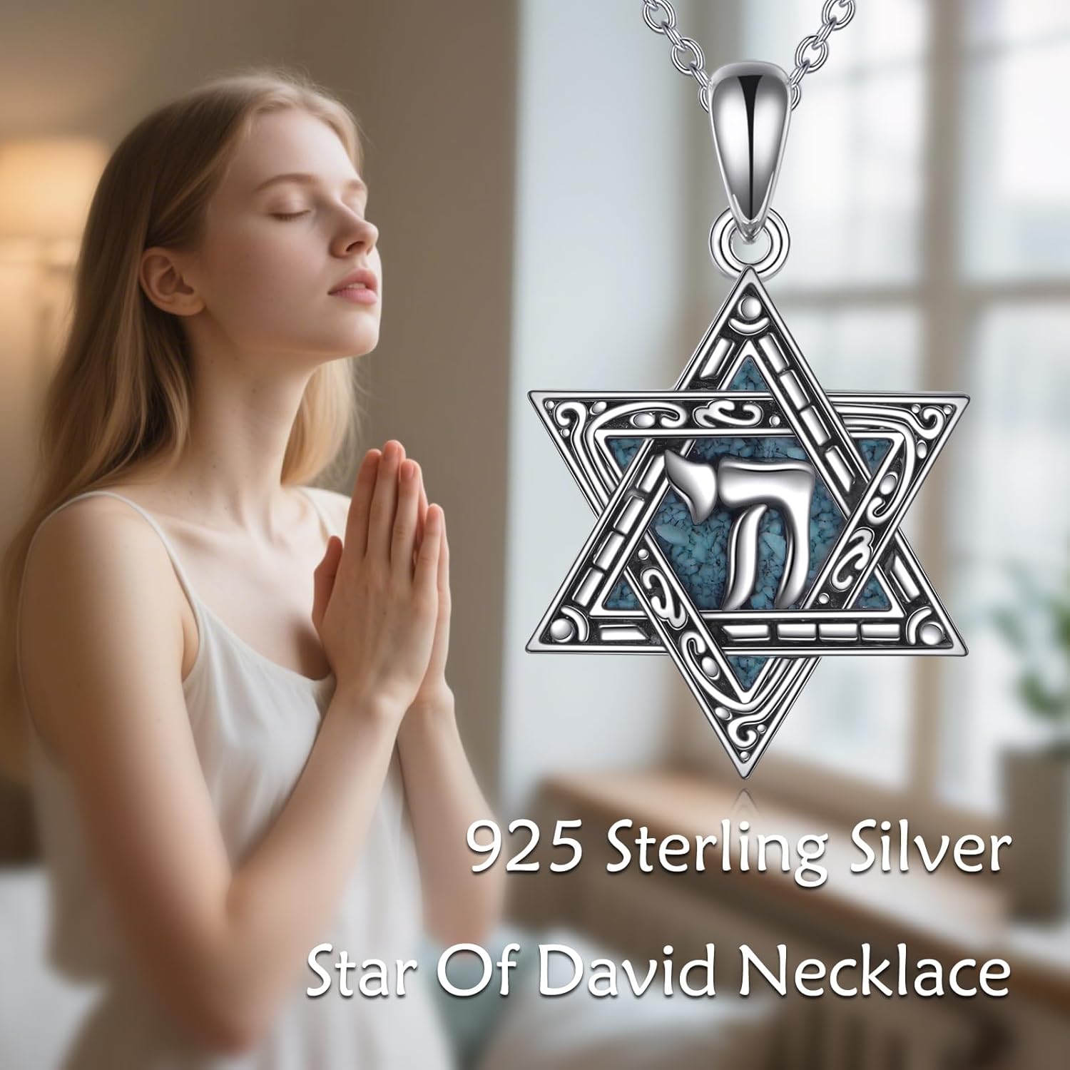 URONE Star of David Necklace 925 Sterling Silver Chai Pendant with Turquoise Jewish Christian Jewelry Gifts for Women Men - Image 6