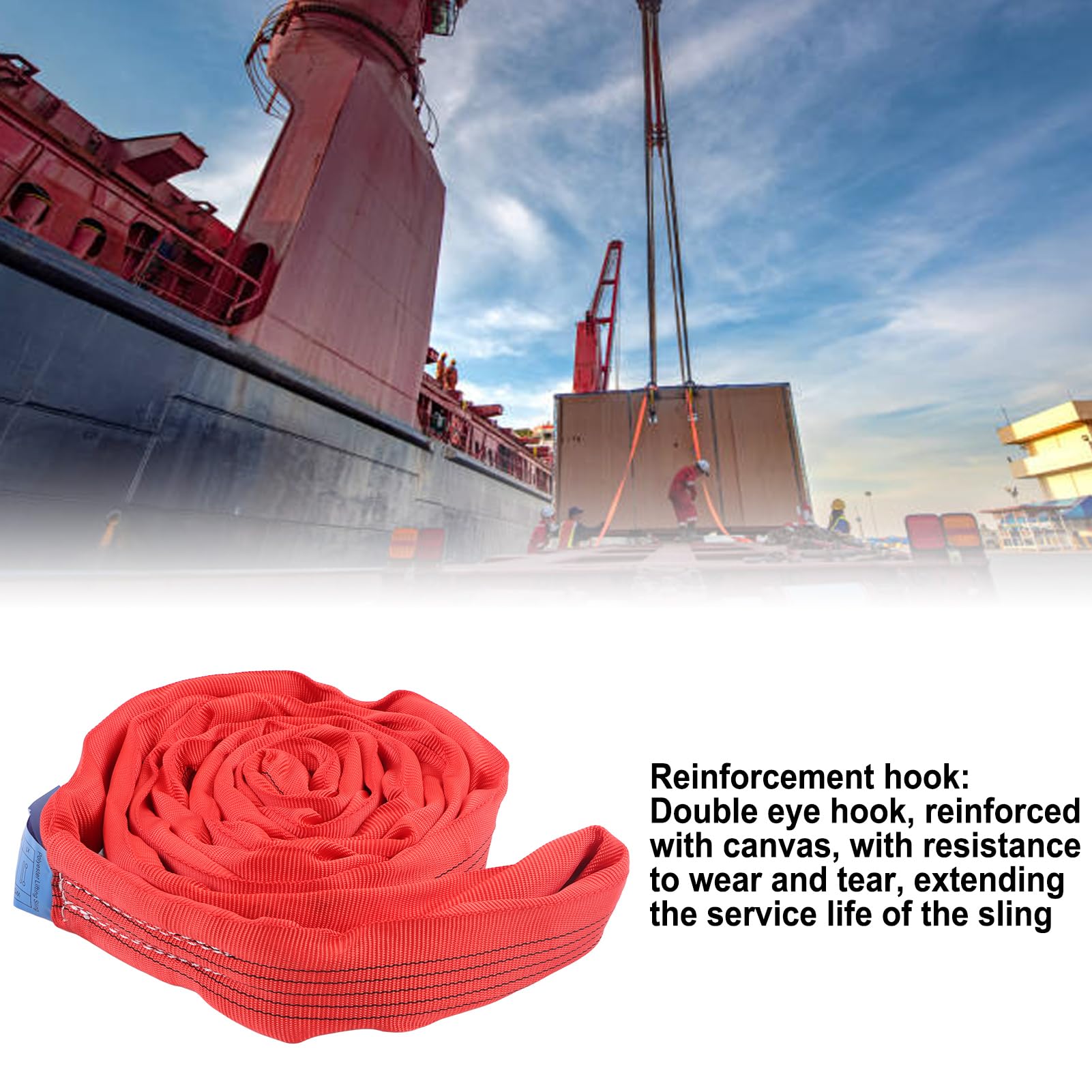 5T 2M Polyester Rigging Lifting Strap, Reinforced Double Eye Buckle, Flexible Crane Lifting Rope, Red, for Ships Machinery Ports Transportation