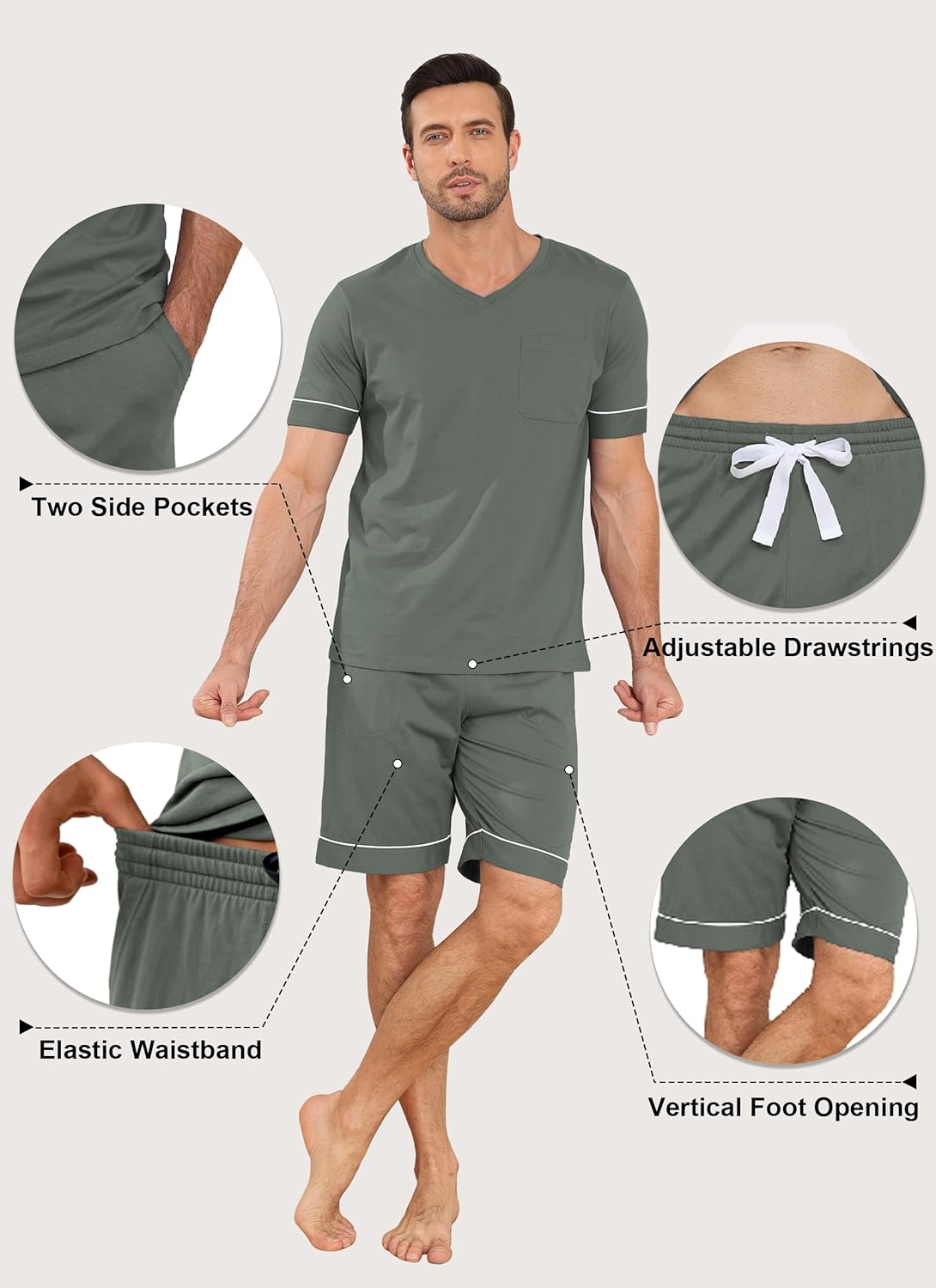 EA'S SECRET 100% Cotton Mens Pajamas Set Men's Sleepwear Short Sleeve Shirts Soft Lightweight V-Neck Pjs Set Loungewear Knit