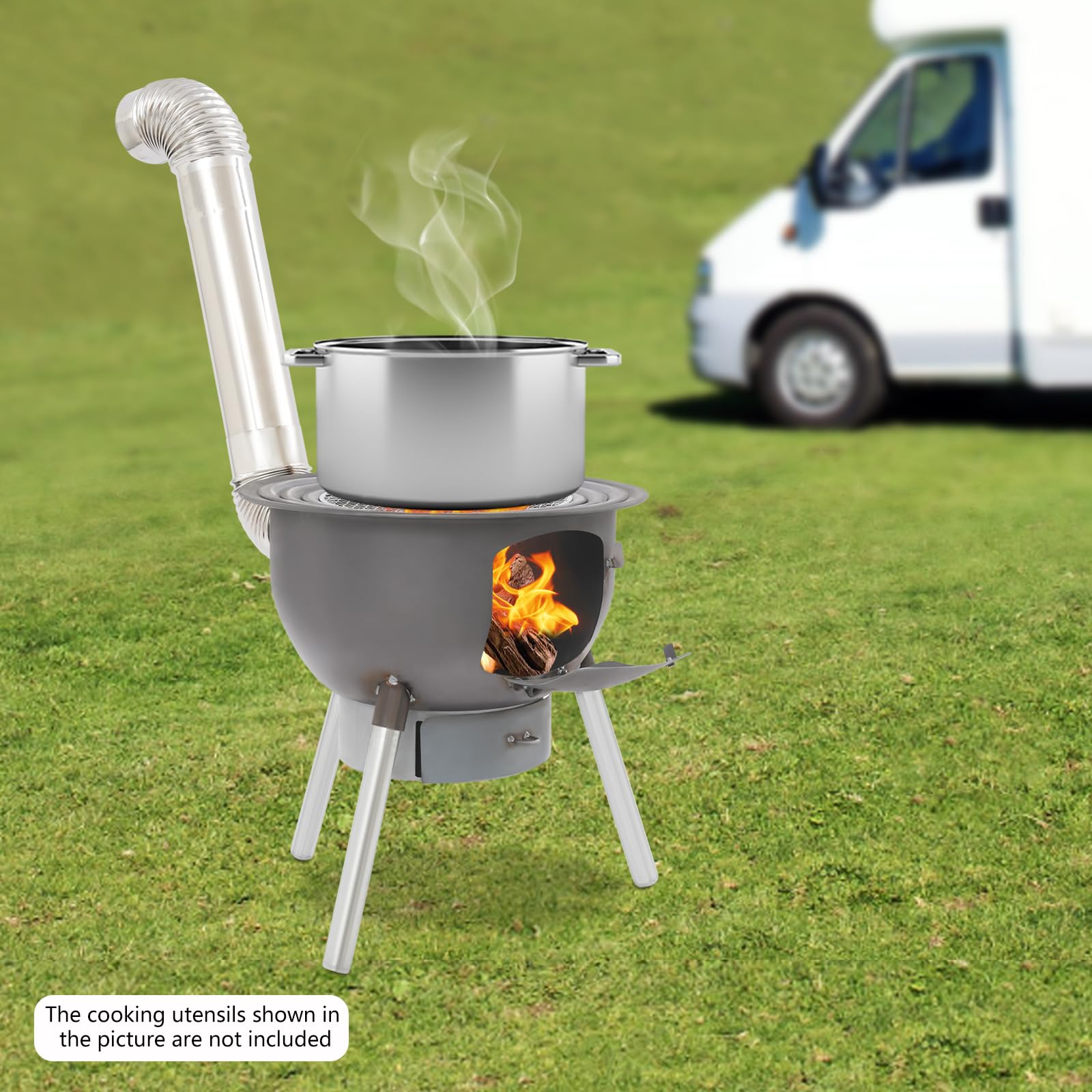 Poêle à bois de camping, portable, multifonction, avec cendrier, 48 x 52 cm, tout-en-un avec grille de cuisson et 3 anneaux de wok