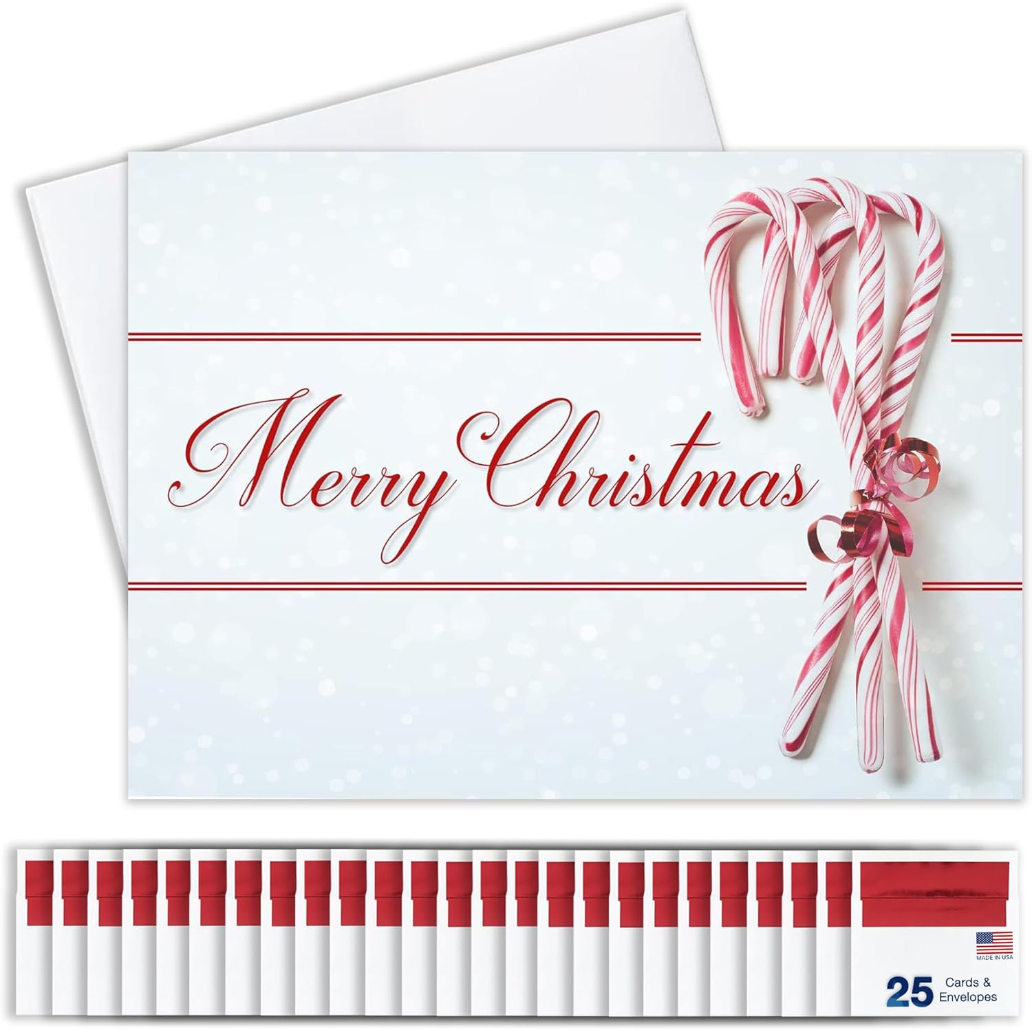 Merry Christmas Cards for Business & Family (Candy Canes) Bulk Greeting Card Set Pack of 25 Christmas Cards with Envelopes (5x7 inch - A7) Great for Office, Work, Employees & Clients H1605