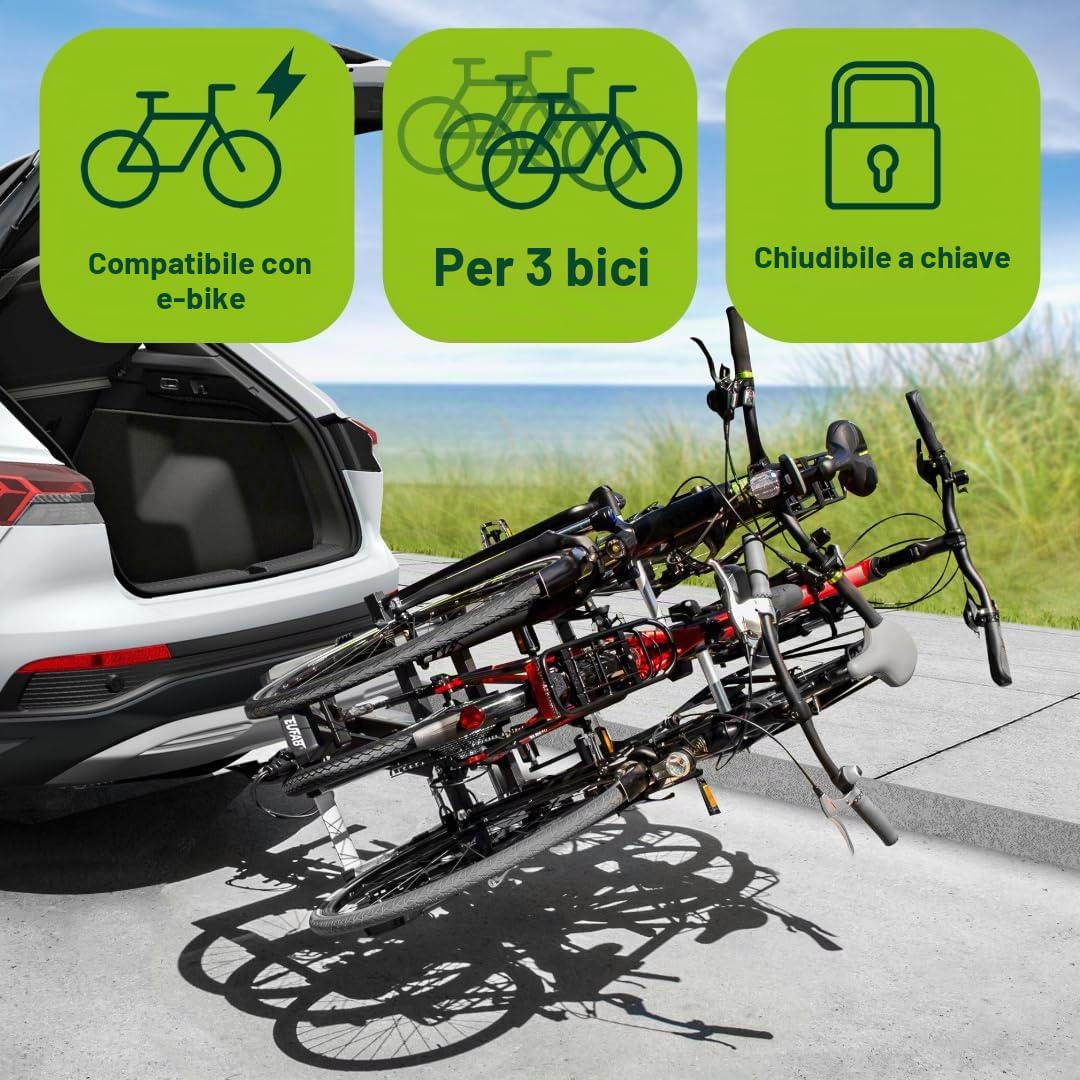EUFAB Portabiciclette EUFAB 11522 PREMIUM 3, per gancio di rimorchio, pieghevole, per 3 biciclette