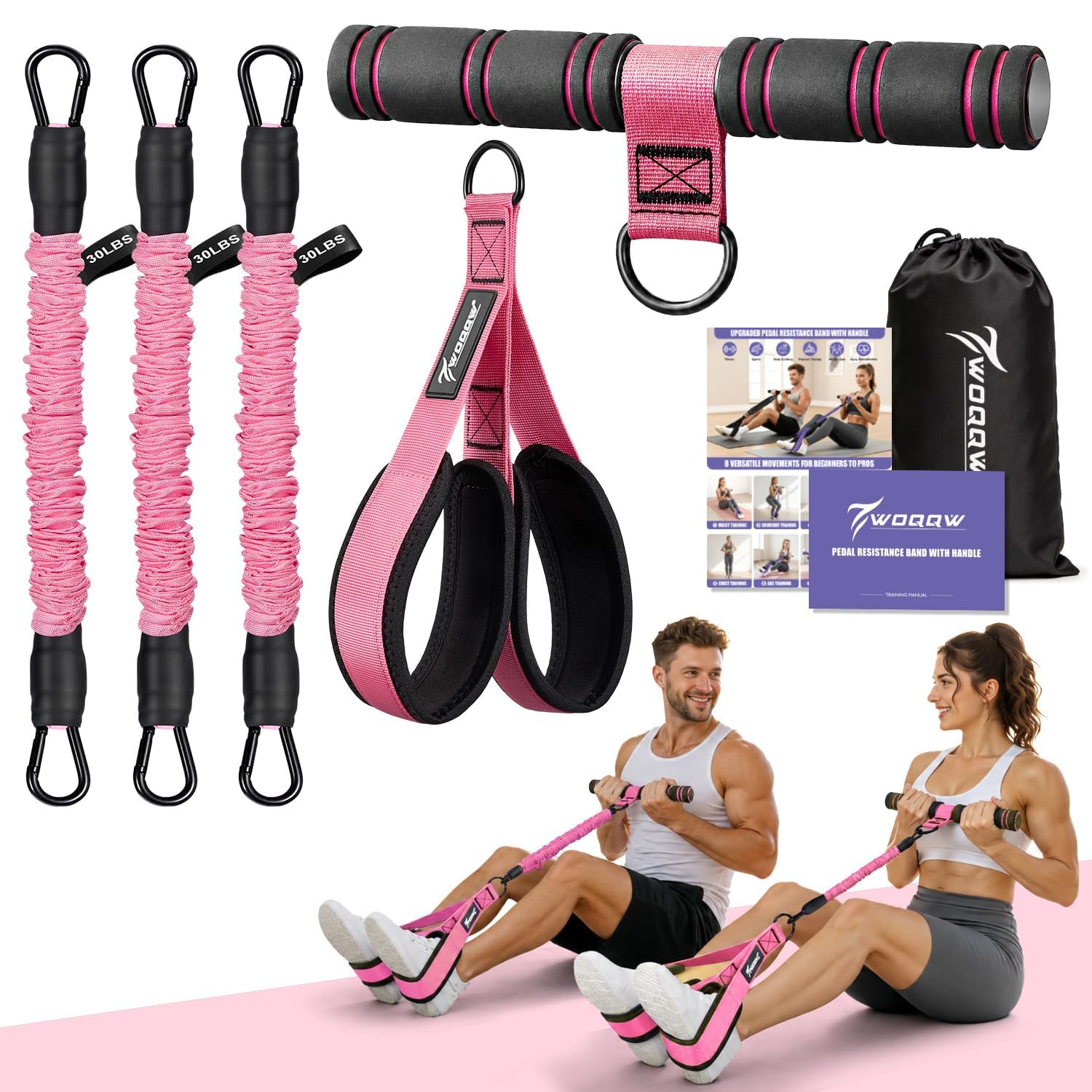Multifunction Pedal Resistance Band with Handles, Adjustable 3-Tube Design