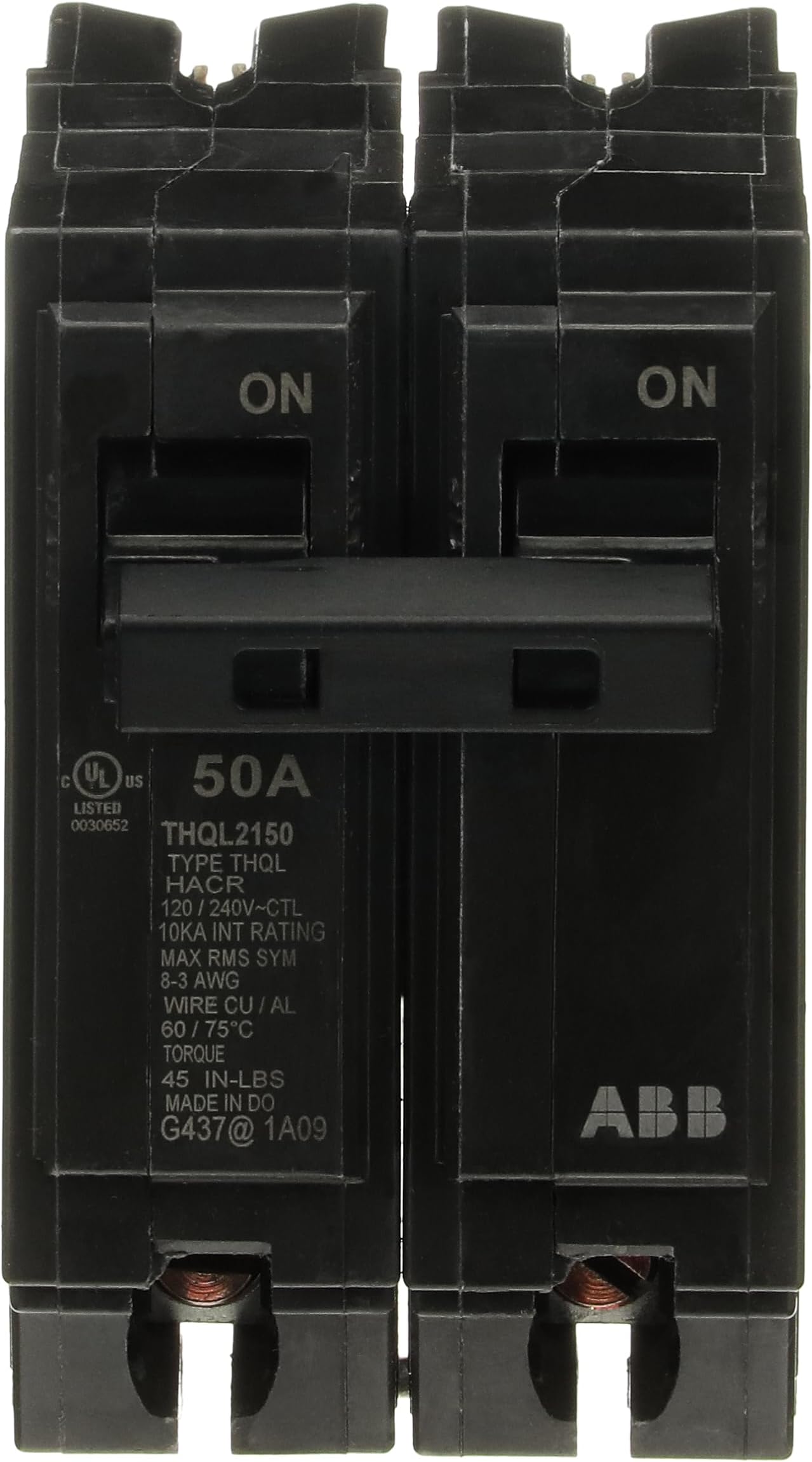 Q-Line® THQL2150 50A Circuit Breaker • 50 Amp Double Pole Breaker, 120/240 VAC, 10 kAIC • Thermal Magnetic Trip • Long-Time & Instantaneous Protection (LI) • Plug-in Mount