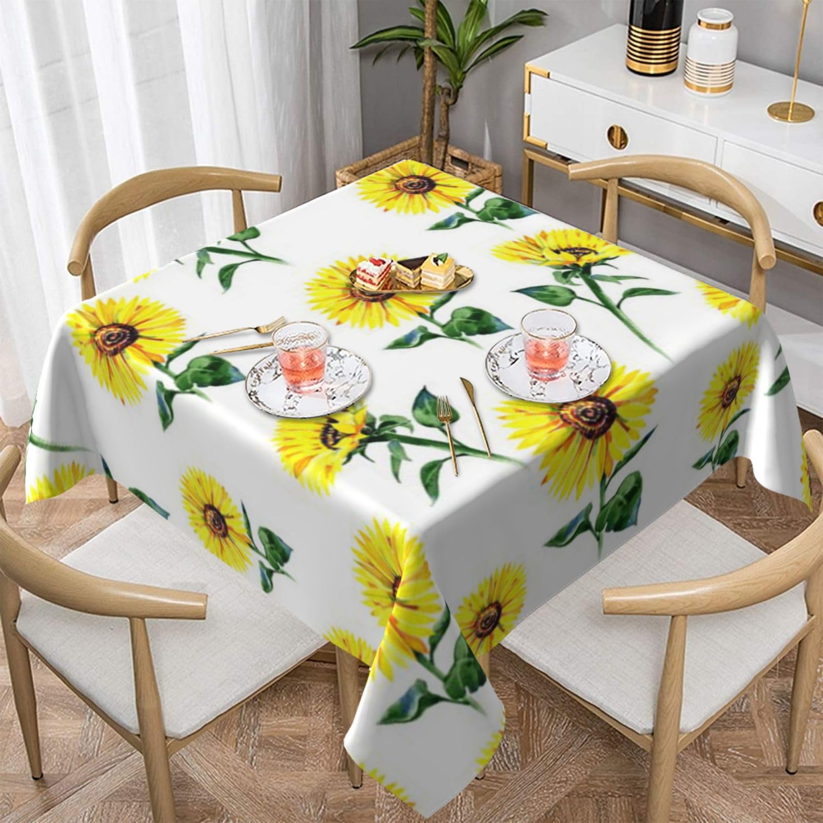 DCEHGEW Summer Sunflowers Prints Square Tablecloth 152x152 CM, Waterproof Fabric Table Cloth for Dining Table, Farmhouse Table Cover for Kitchen Dining Tabletop Decoration