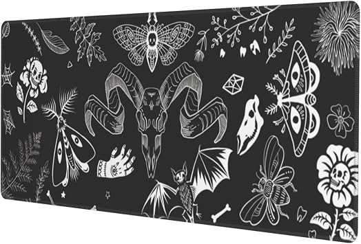 Witch Skeleton Goat Gaming Mouse Pad XL Black and White Large Extended Non Slip Rubber Base Desk Mat Stitched Edge Keyboard Mat 31.5x11.8 Inch