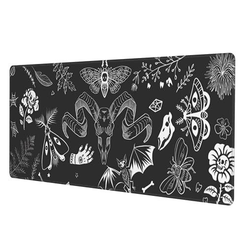 Witch Skeleton Goat Gaming Mouse Pad XL Black and White Large Extended Non Slip Rubber Base Desk Mat Stitched Edge Keyboard Mat 31.5x11.8 Inch - Witch Goat Skeleton