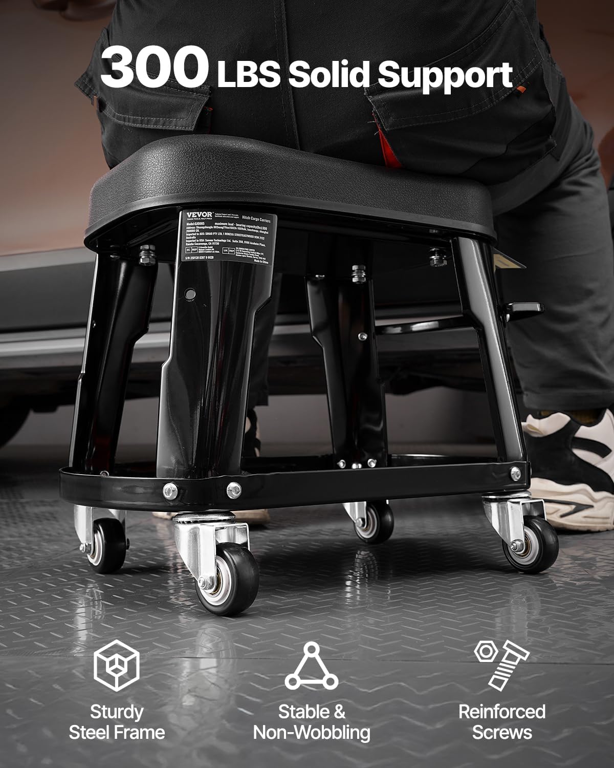 VEVOR Mechanic Stool, 300 lbs Capacity, Black, Industrial Style, Plastic Seat, Wheels, 360 Swivel, Tool Tray, Screwdriver Rack