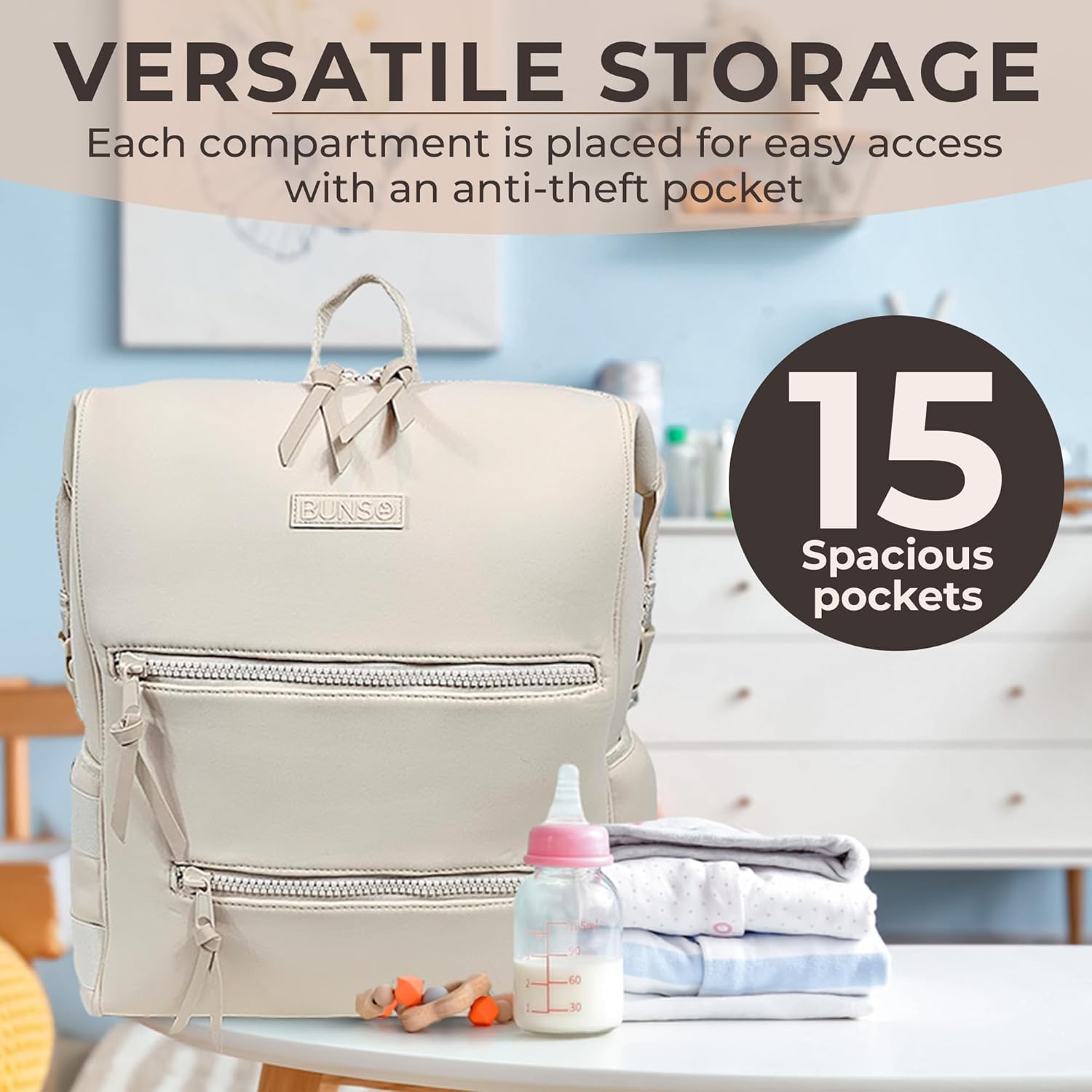 Neoprene Diaper Bag, Minimalist Backpack Diaper Bag with Pouch, Changing Pad, and Stroller Straps, Water Resistant and Lightweight Baby Girl Diaper Bag, Diaper Bag Backpack, Cream - Image 3