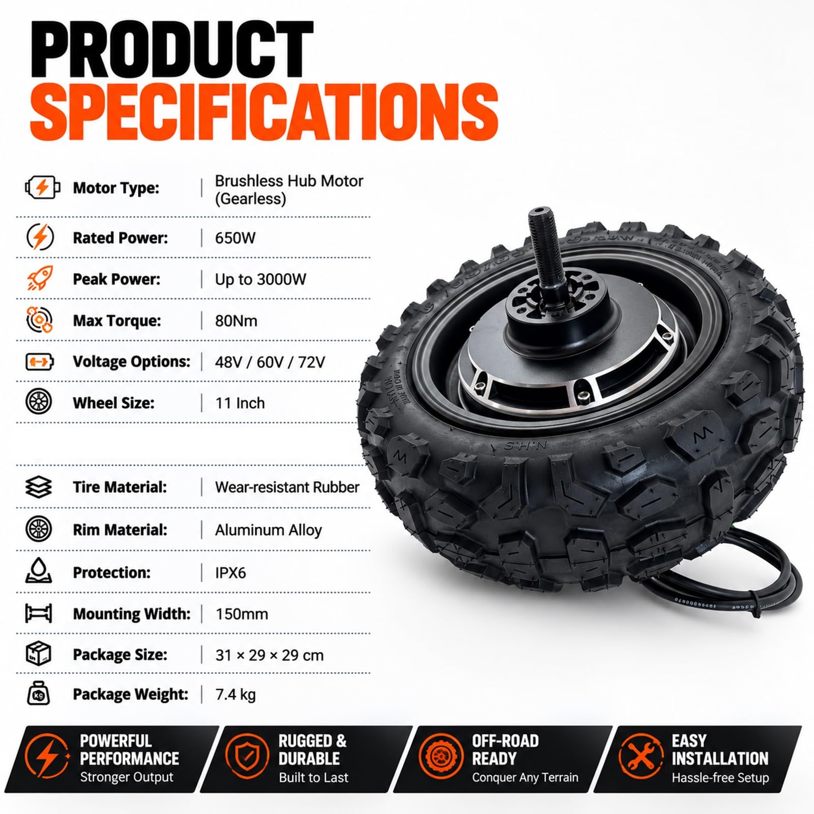 Motore Brushless per Monopattino,Ruota Tubeless 11x6.00-6 | Motore mozzo senza ingranaggi con larghezza forcella 150mm,protezione IPX6 e robusta costruzione in alluminio