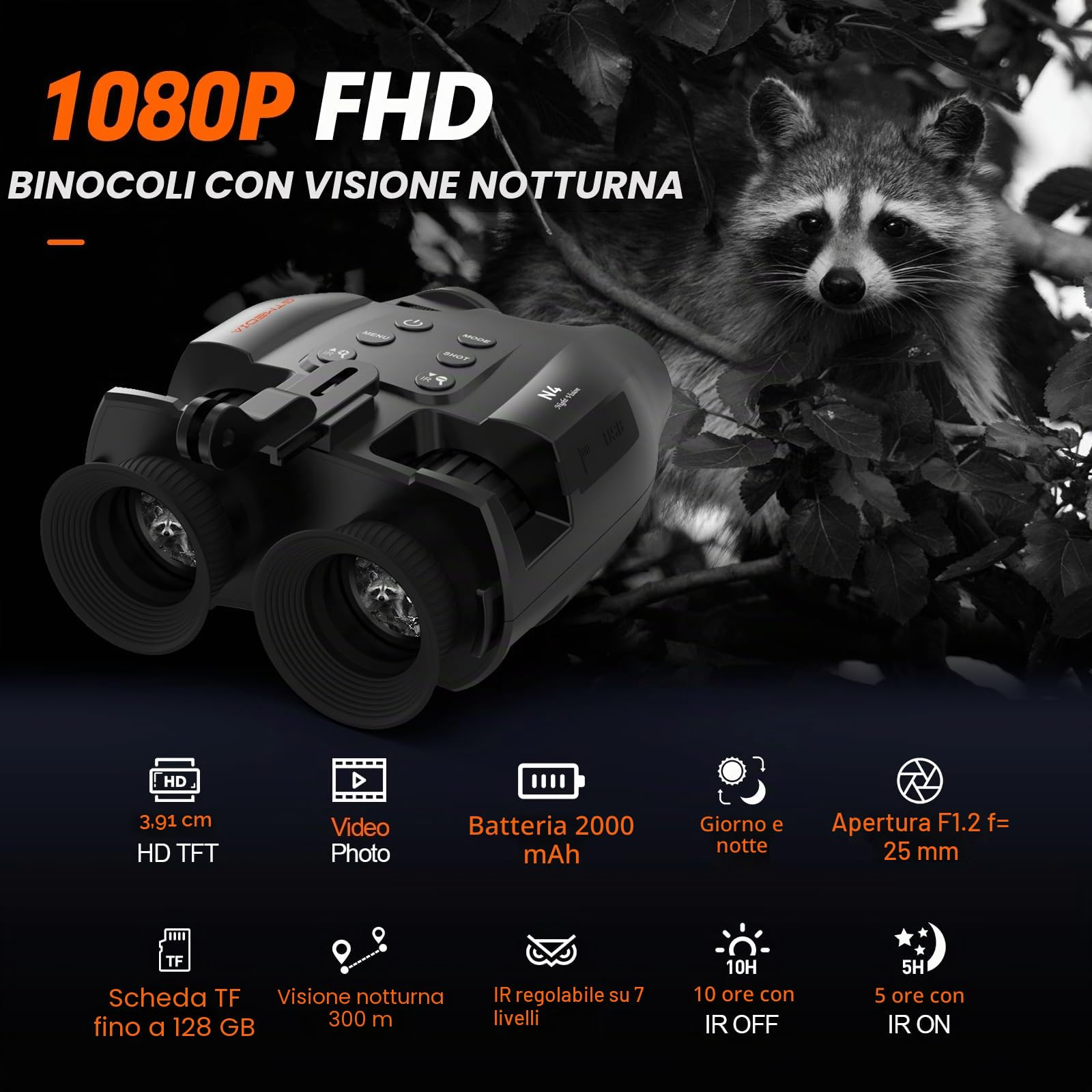 Occhiali per visione notturna, binocolo per visione notturna, visione notturna a mani libere, visione digitale a infrarossi, acquisizione di foto e video per softair, caccia, con scheda TF da 32 GB