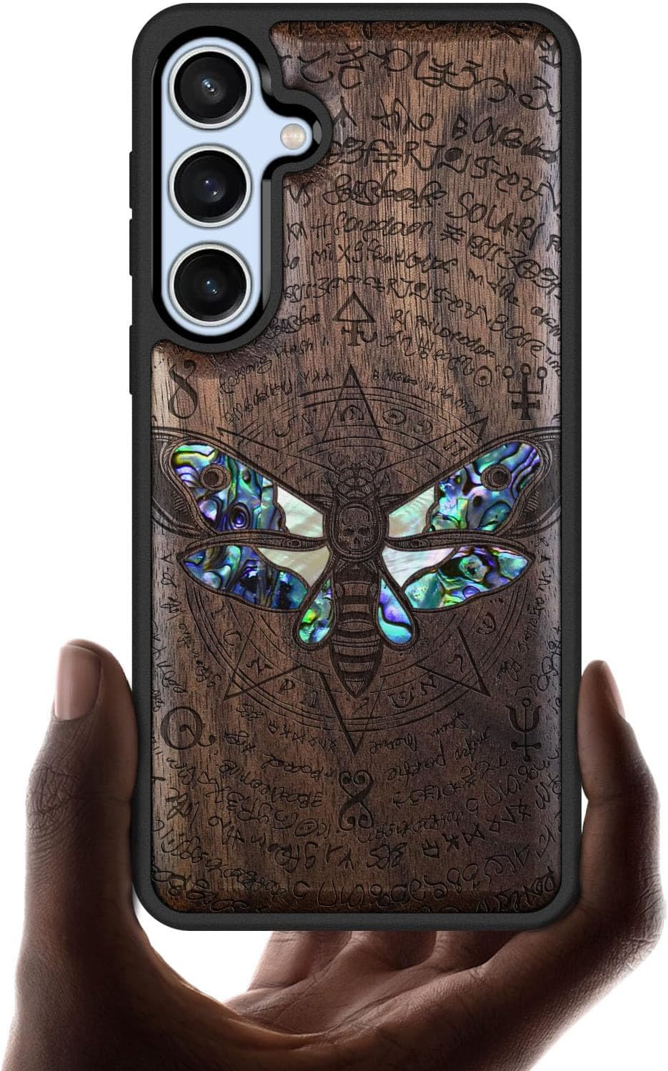 Carveit Designer Wooden Case for Samsung Galaxy S24 FE Case [Wood Engraving & Shell Inlay] Compatible with Wireless Chargers S24 FE Cover (Death's Head Moth-Rosy)