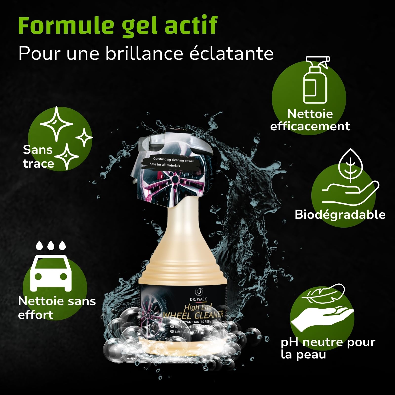 Dr. Wack - High End Nettoyant pour Jantes de Voiture 750 ML – Spray Rapide et Doux – Formule Gel & indicateur d'efficacité – pH Neutre – Entretien Automobile Premium