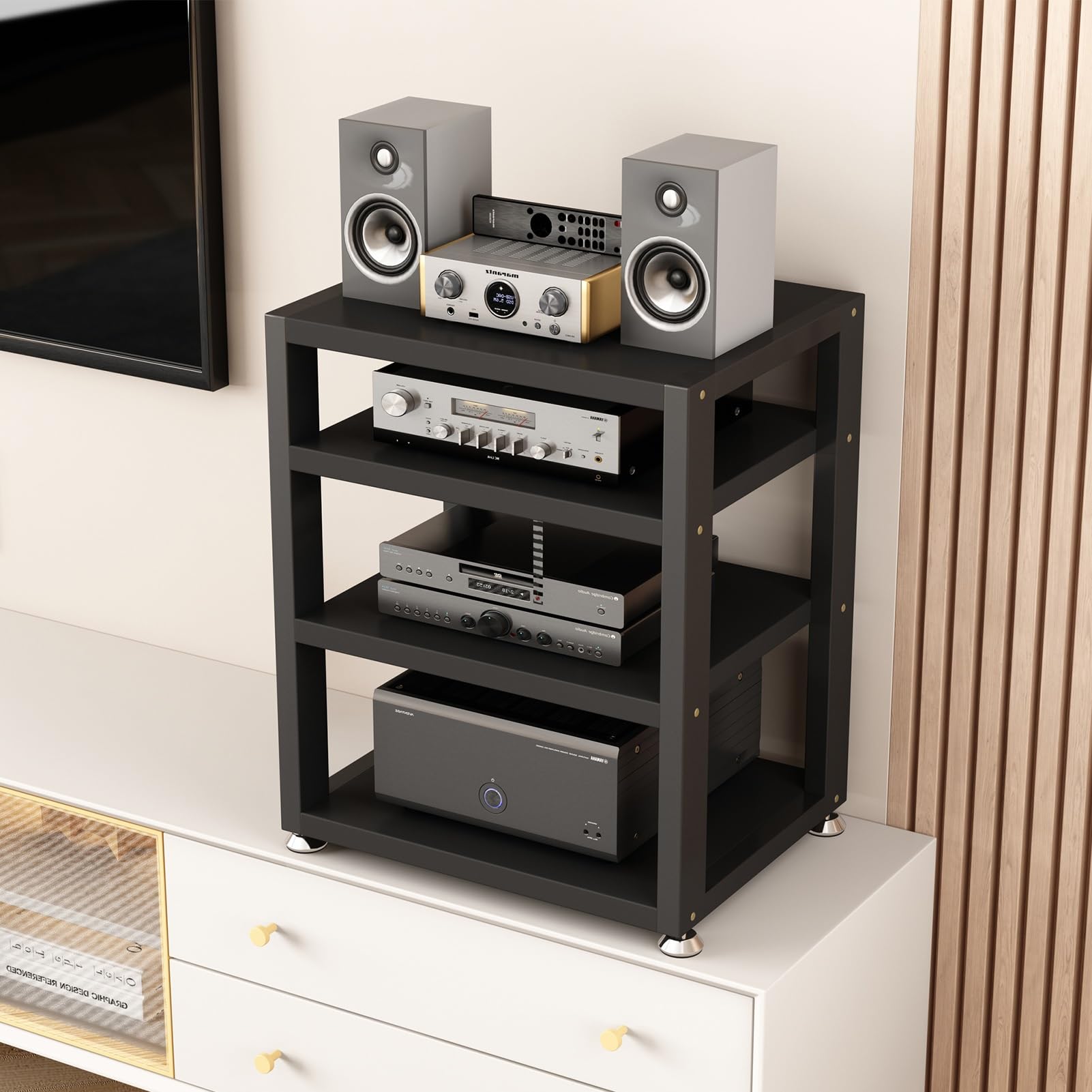 Rack de audio de 4 niveles negro para componentes de cine en casa y oficina