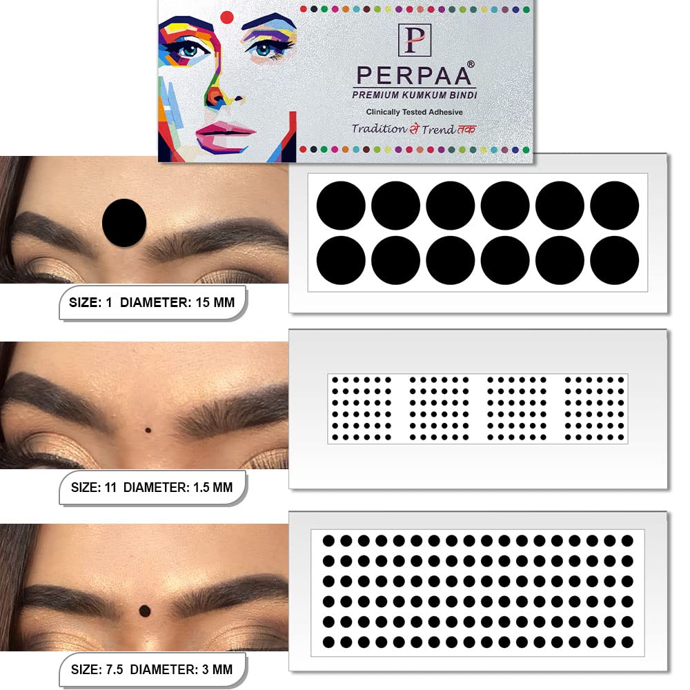 PERPAA Simple Plain Black Round Kumkum Forehead Self-Adhesive Sticker Bindis Bindiya With Different Sizes For Women Pack Of 3 Flaps (Pbf3_Br_Combo No. -33)