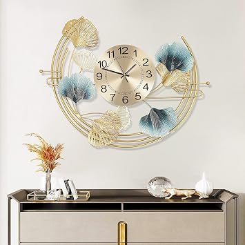 Large Wall Clock 26" 3D Creative Metal Ginkgo Leaf Decoration Clock Silent Non Ticking Wall Clocks for Bedroom Livingroom Kitchen, Battery Operated, Gold