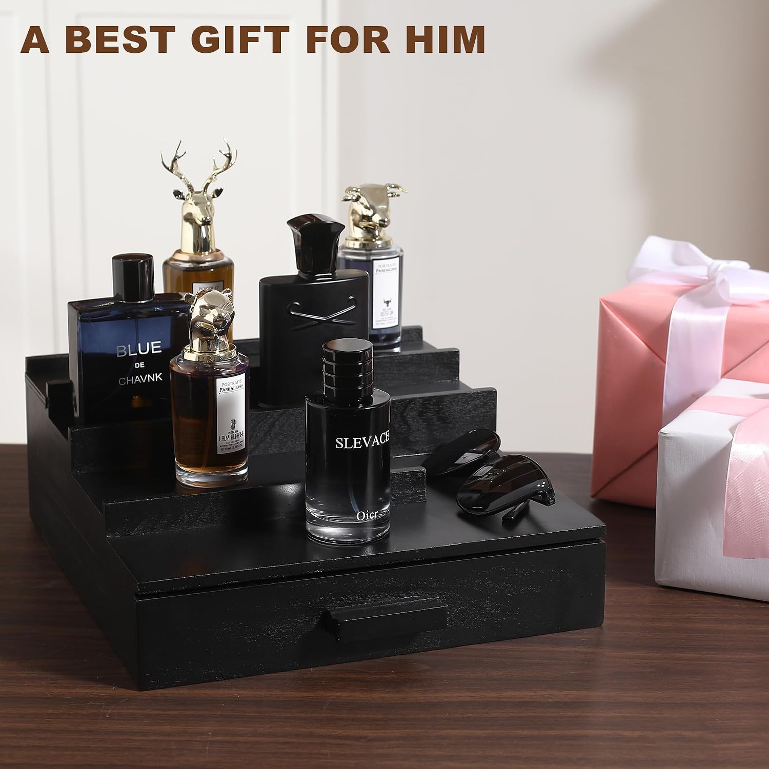 Cologne Organizer for Men, 4 Tier Solid Wood Perfume Organizer with Drawer & Hidden Compartment, Perfume Display Stand for Dressing Table, Great Gift for Man (Black)
