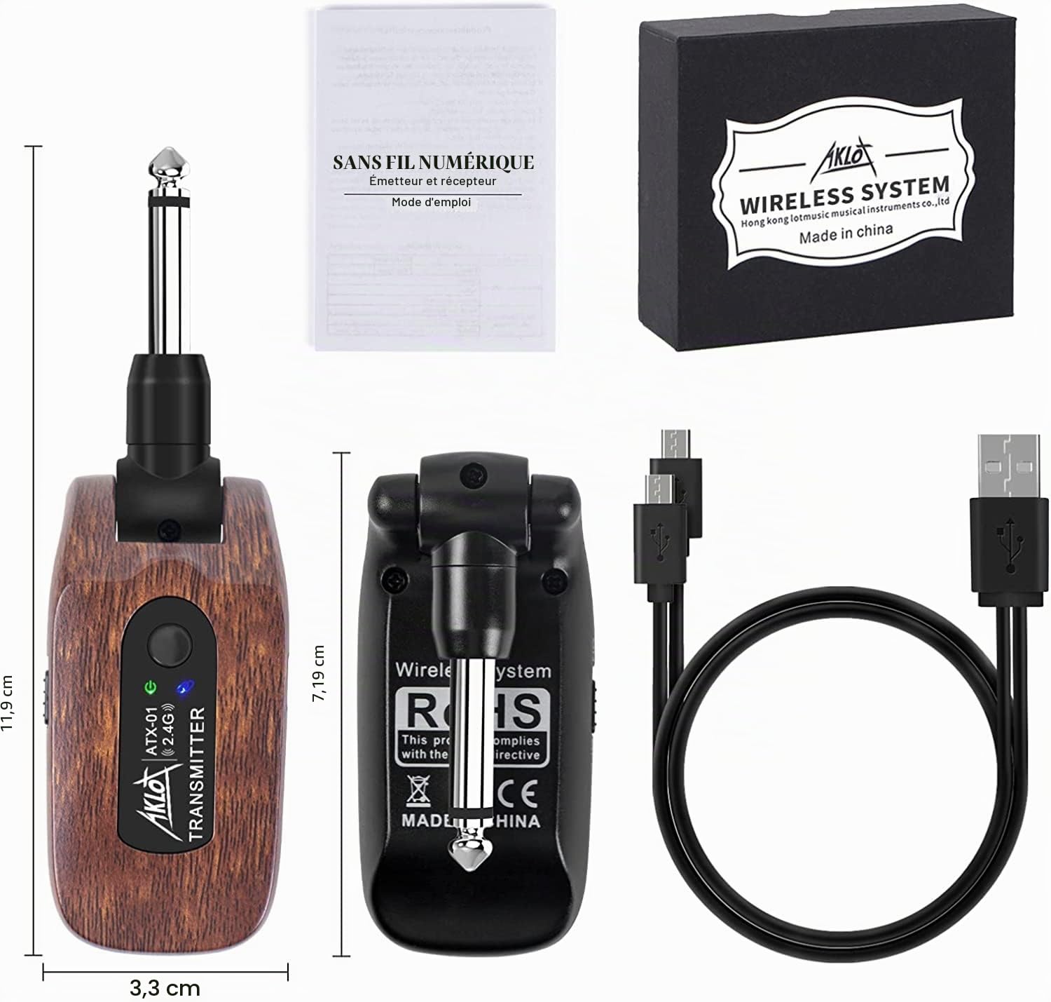 AKLOT Système de Guitare sans Fil Émetteur Récepteur Ensemble de 2,4 GHz de Batterie au Lithium Rechargeable intégrée numérique pour Basse de Guitare électrique