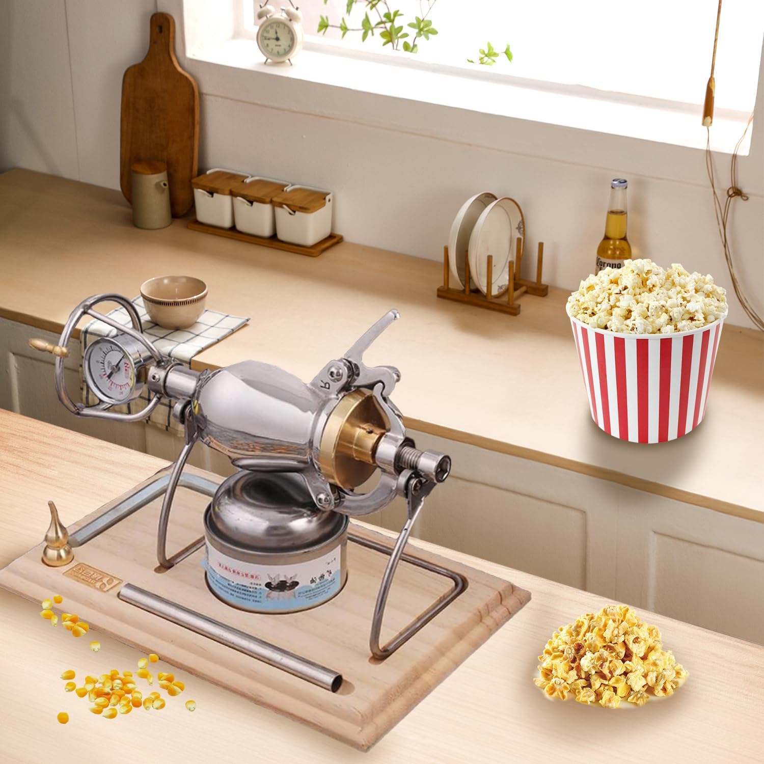 260ml Chinese Popcorn Maker, 304 Stainless Steel Popcorn Machine with Wooden Board Base, Dual Pressure Valve Popcorn Machine, Hot Air Popper Popcorn for Party(with 2 Bags)