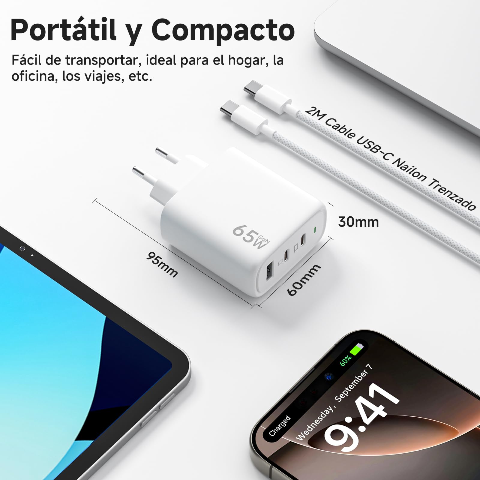 65W Cargador USB C con GAN Tecnología, 3-Ports PPS USB Cargador Rápido, PD & QC3.0 Alimentación con Cable USB C 2m para iPhone 16 Pro/15 Plus, para Galaxy S24/23/S22, para MacB00k Pro/Air, etc
