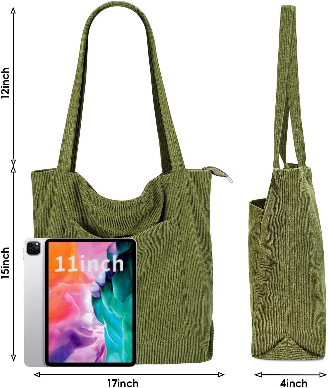 Iioscre Corduroy Tote Bag for Women,Hobo HandBags with Zipper,Large Capacity Casual Shoulder Handbags with Inner Pockets - Image 6