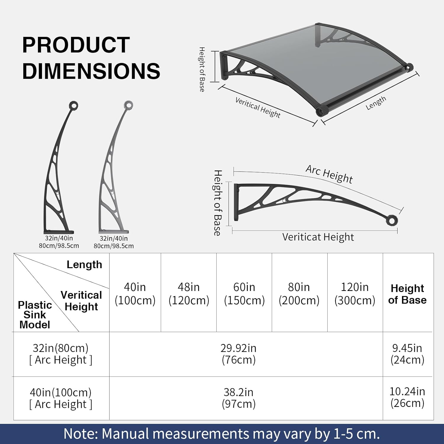 Awning for Door Entrance 32x60 Inch, Polycarbonate Canopy Front Door Awnings Exterior with Separate Drainage, All-Weather UV, Rain & Snow Protection for Porch, Patio, Window, or Deck