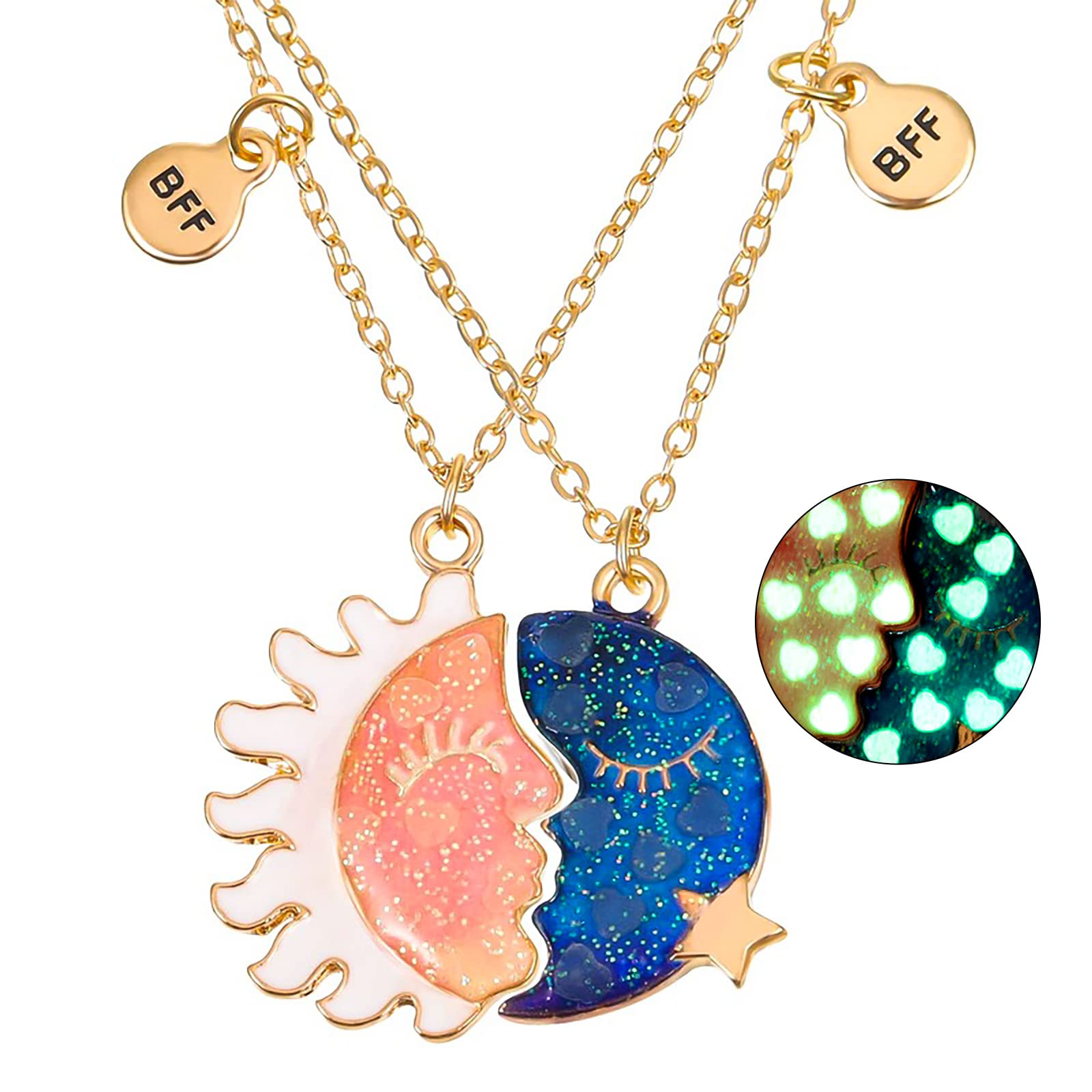 MJartoria Best Friend Necklaces BFF Necklace for 2 Friendship Valentines Day Gifts Split Sun and Moon Glow Necklace Pendant Set
