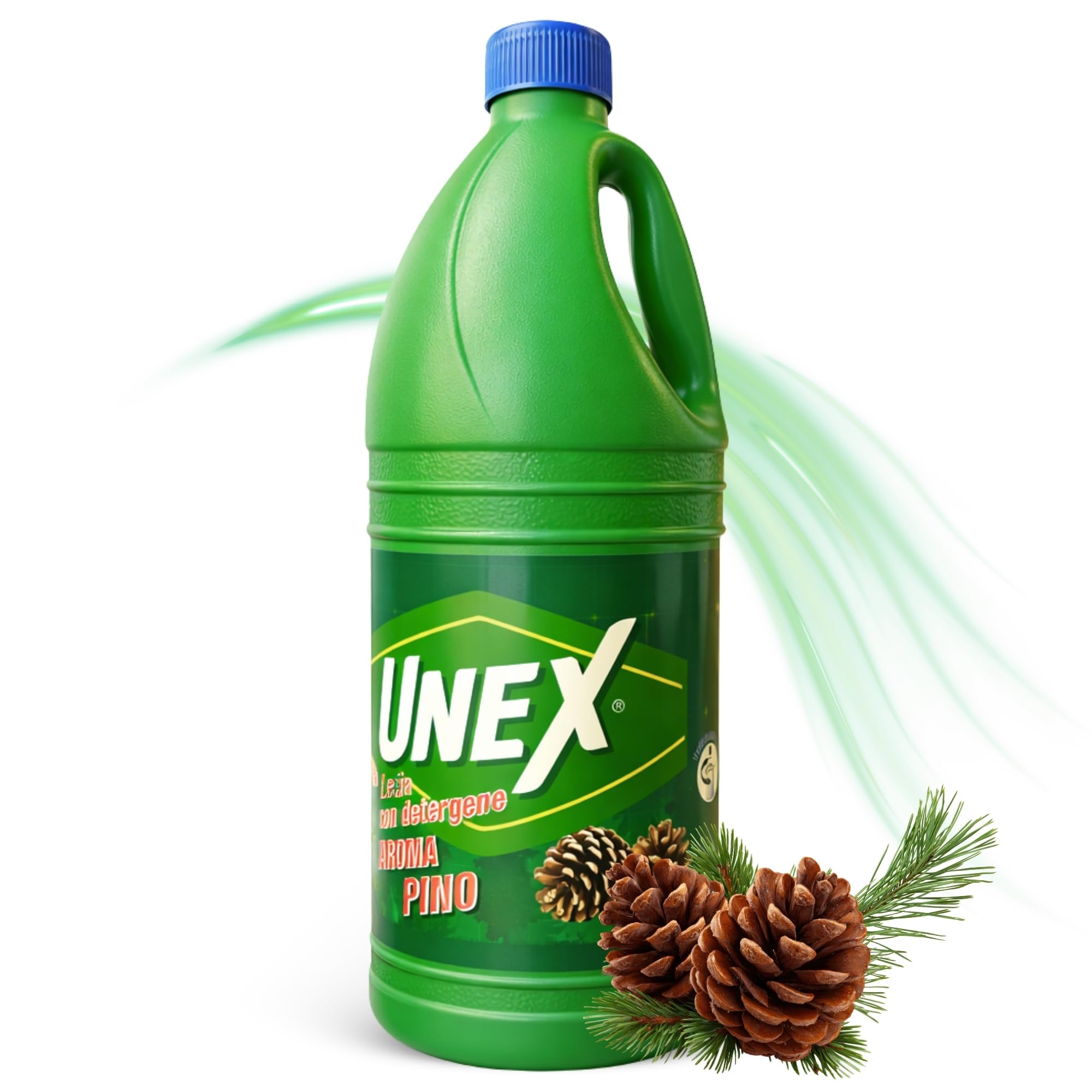 Lejía con Detergente Pino, Desinfectante Superficies, Uso en Baño, Cocina, Azulejos, Suelos, Aptas para Desinfección y limpieza, Combate los malos olores con fragancia fresca, 1 botella de 2 Litros
