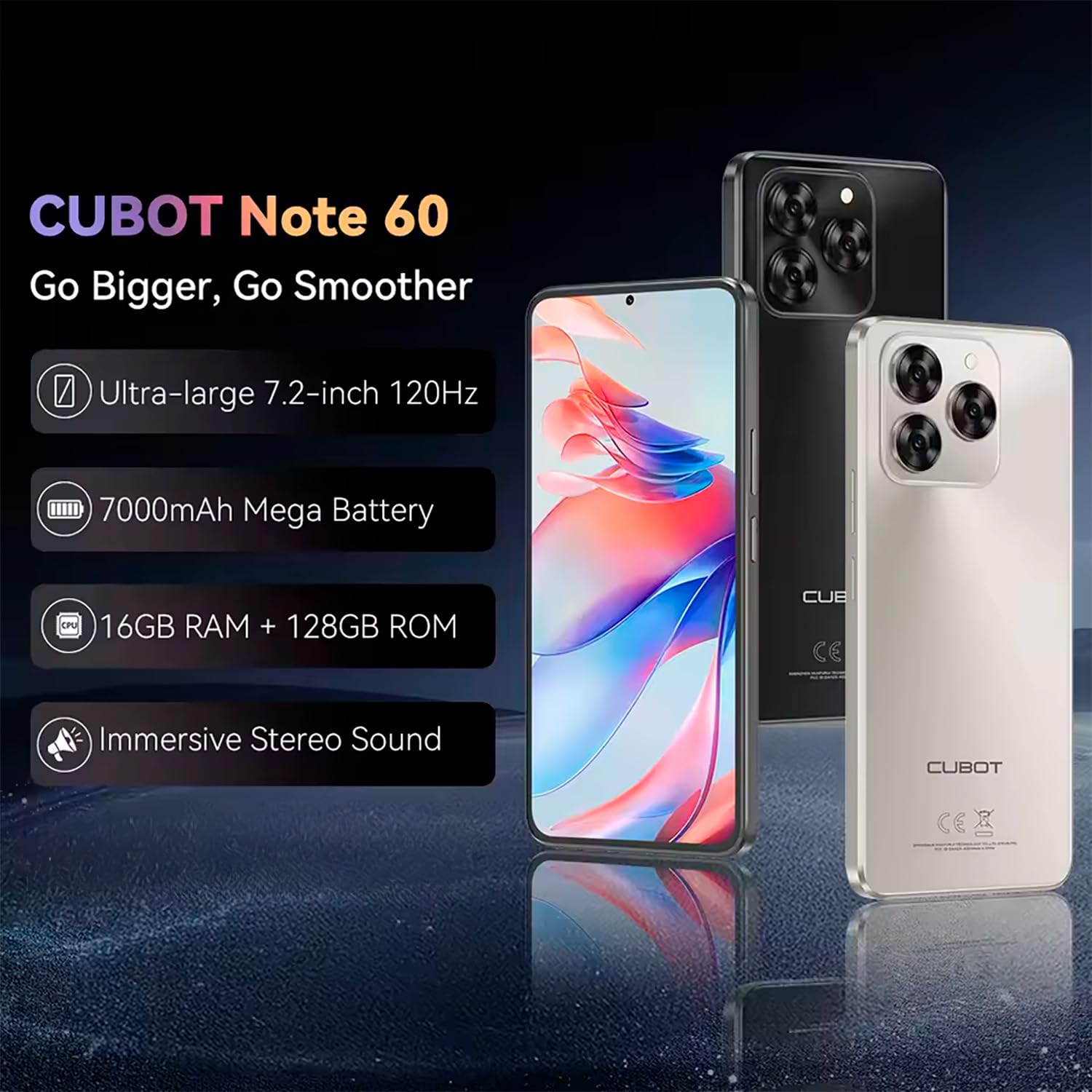 Note 60 - Smartfon 4G 7.2" HD+ 120Hz, 16GB RAM (6GB+10GB Rozs.), 128GB ROM, Aparat 48MP, Bateria 7000mAh, Android 15, Unisoc T615, Tytanowy Szary