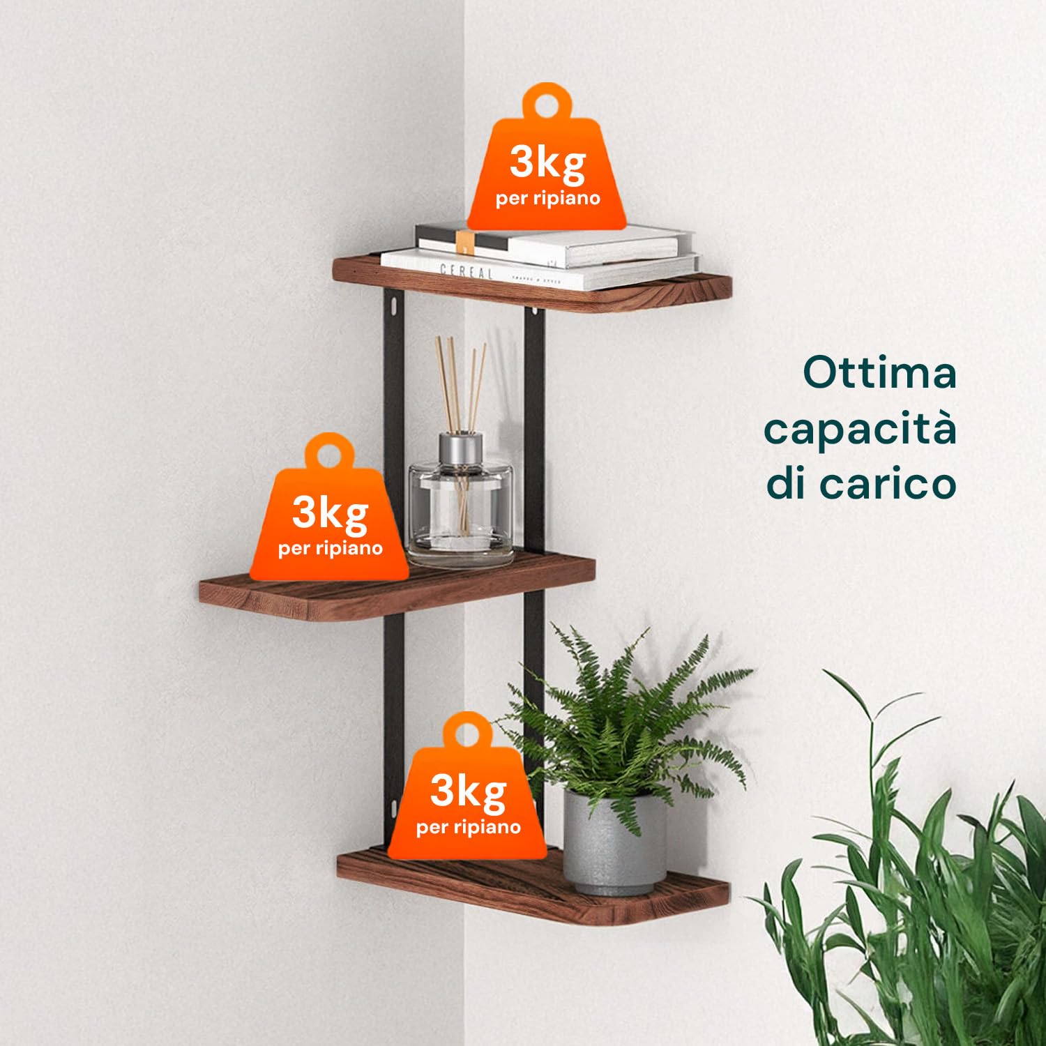 Avilia Mensola Angolare da Parete a 3 Livelli - Scaffale Sospeso in Legno Antico e Metallo - Design Vintage Industrial Salvaspazio per Soggiorno, Cucina e Camera - Montaggio ad Angolo