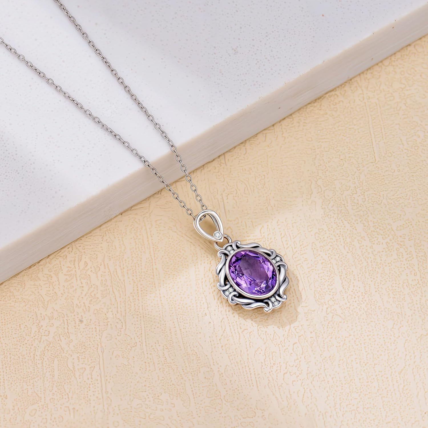 925 Sterling Silver Natural Amethyst Necklace for Women Oval Gemstone Birthstone Pendant for Her - Image 5