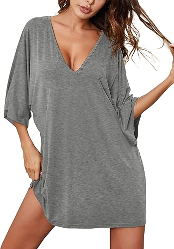 Ekouaer - Camisón de mujer con cuello en V profundo, manga ala de murciélago, pijama de gran tamaño