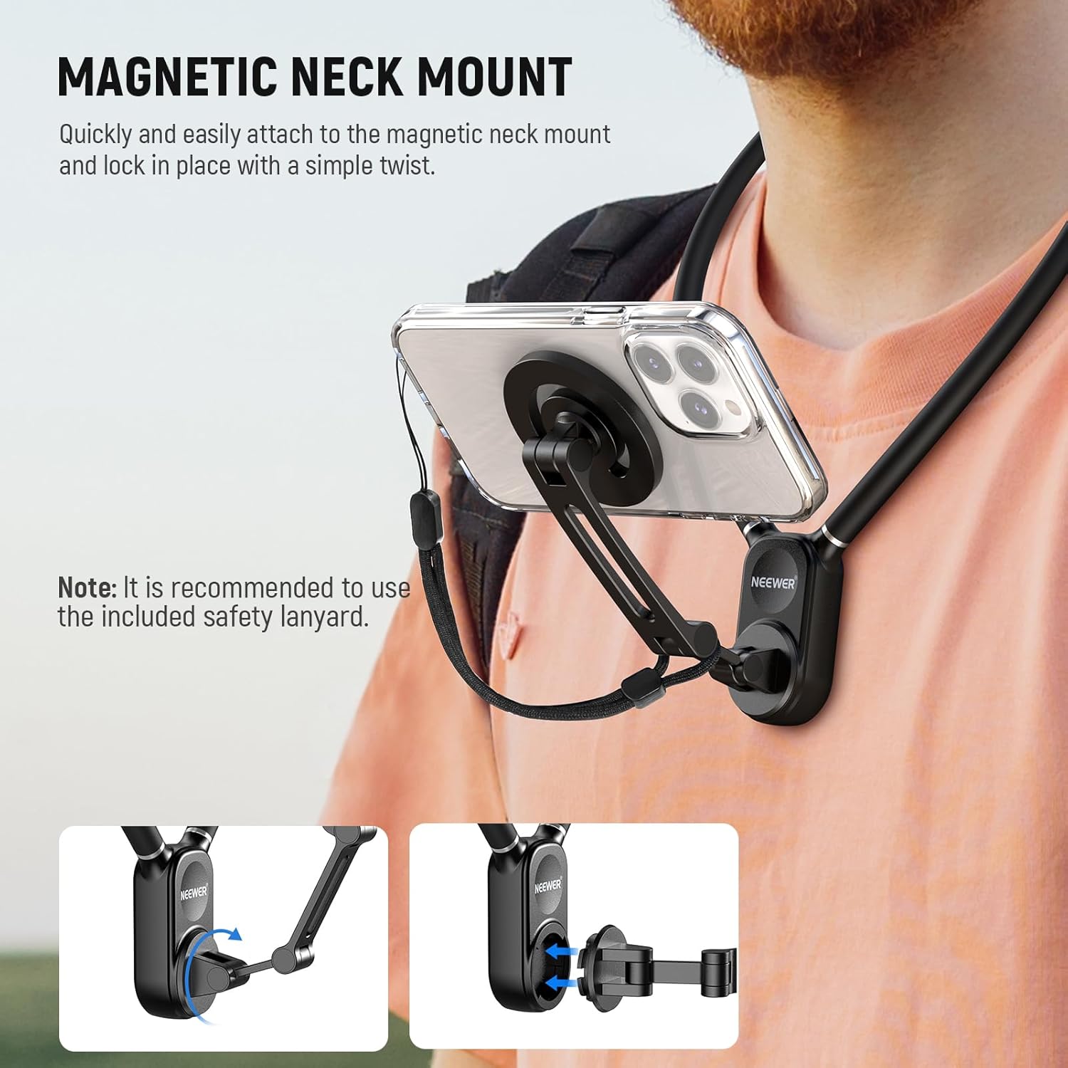 NEEWER Magnetic Neck Holder for Action Camera & Phone, Hands Free Tripod Chest Mount Compatible with GoPro DJI Insta360 Magsafe iPhone Android, Phone Holder for Video Recording POV Vlog, GP16