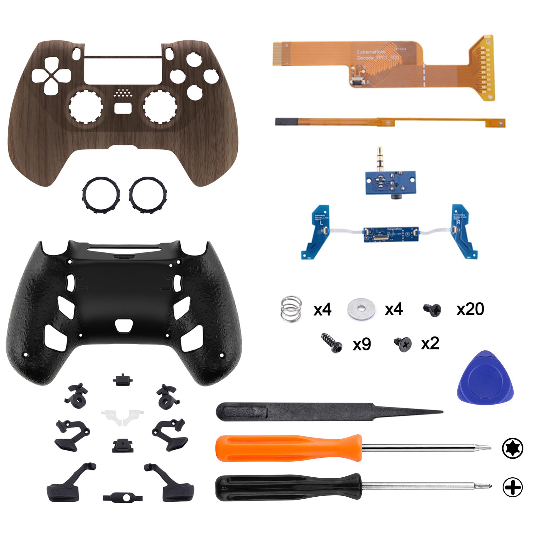 eXtremeRate DECADE-Turnier-Controller(DTC) Remap Kit für ps4 Controller JDM-040/050/055, Remap Board&Re-Design Faceplate/Backplate&4 Rückpaddles&Trigger Stops Kit (Holz Optik)-KEIN Controller