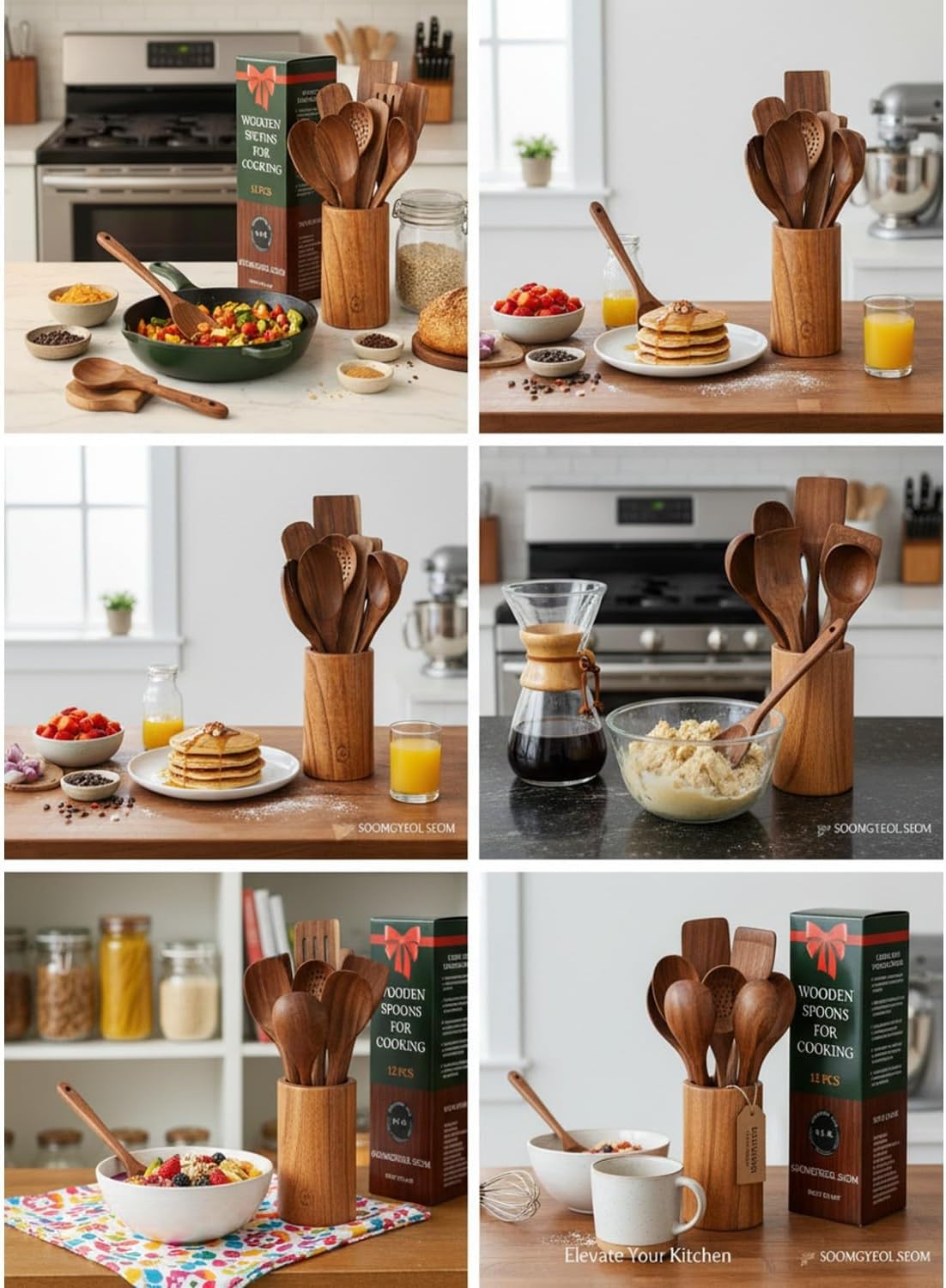 Natural Teak Wood Kitchen Utensil Set - 12 Piece Cooking Spoons & Spatulas with Large Spoon Holder & Rest, Non-Stick Heat Resistant Wooden Tools, Food-Safe Eco-Friendly Organizer - Image 5