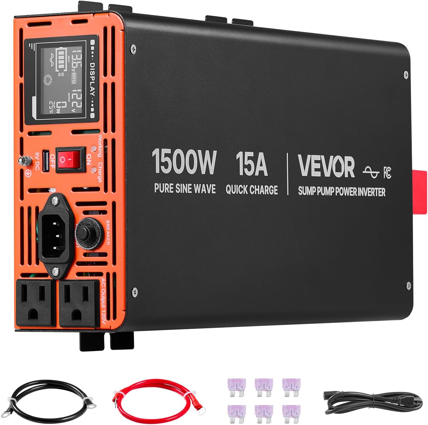 VEVOR 1500W Sump Pump Battery Backup System, LCD Display, Auto Switches to Battery Inverter Power for Sump Pump, Pure Sine Wave, for Basement Protection Emergency and Power Outage, Battery Not Include